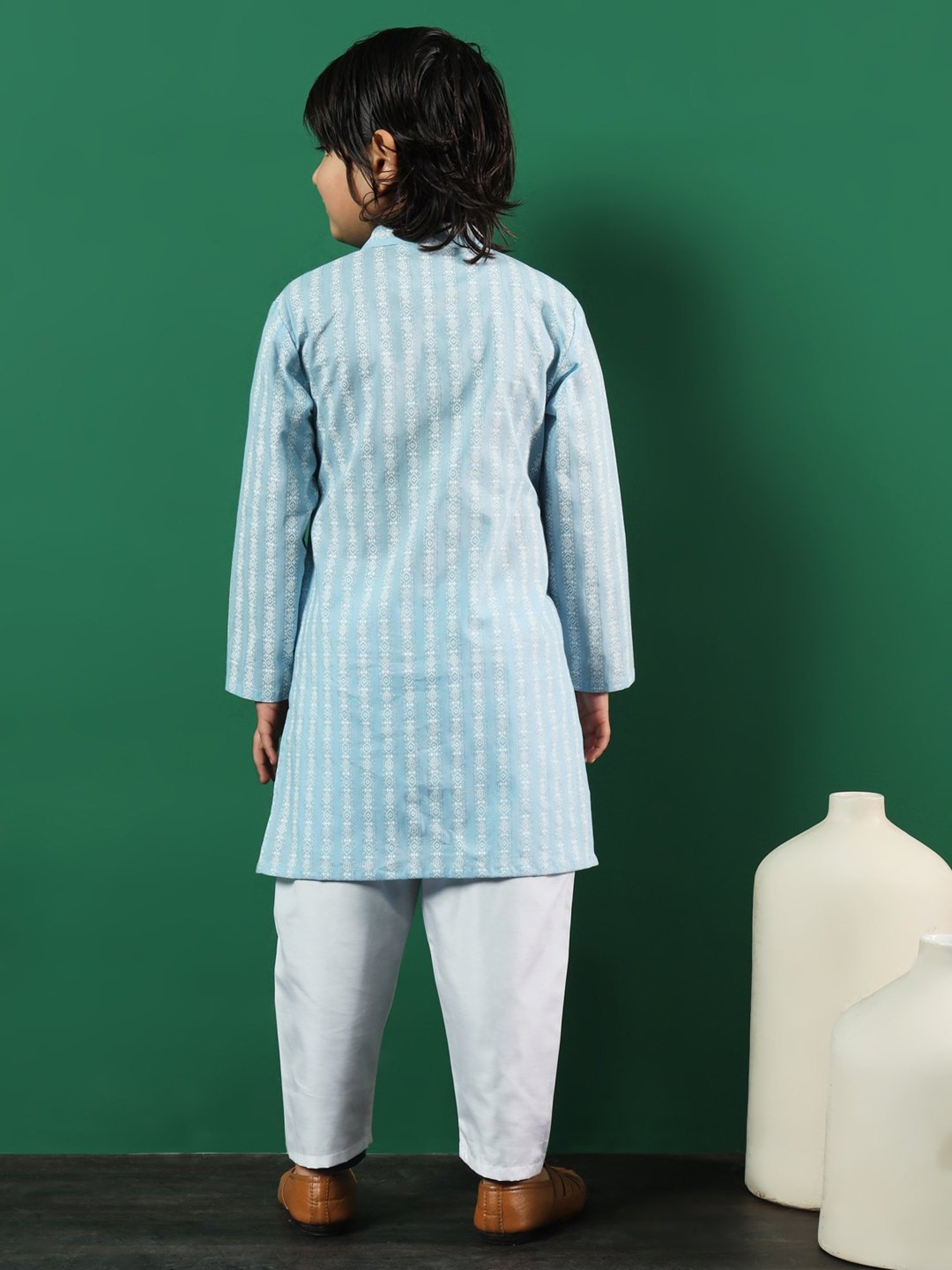 READIPRINT FASHIONS Kids Blue & White Printed Full Sleeves Jacket Style Kurta with Pyjamas