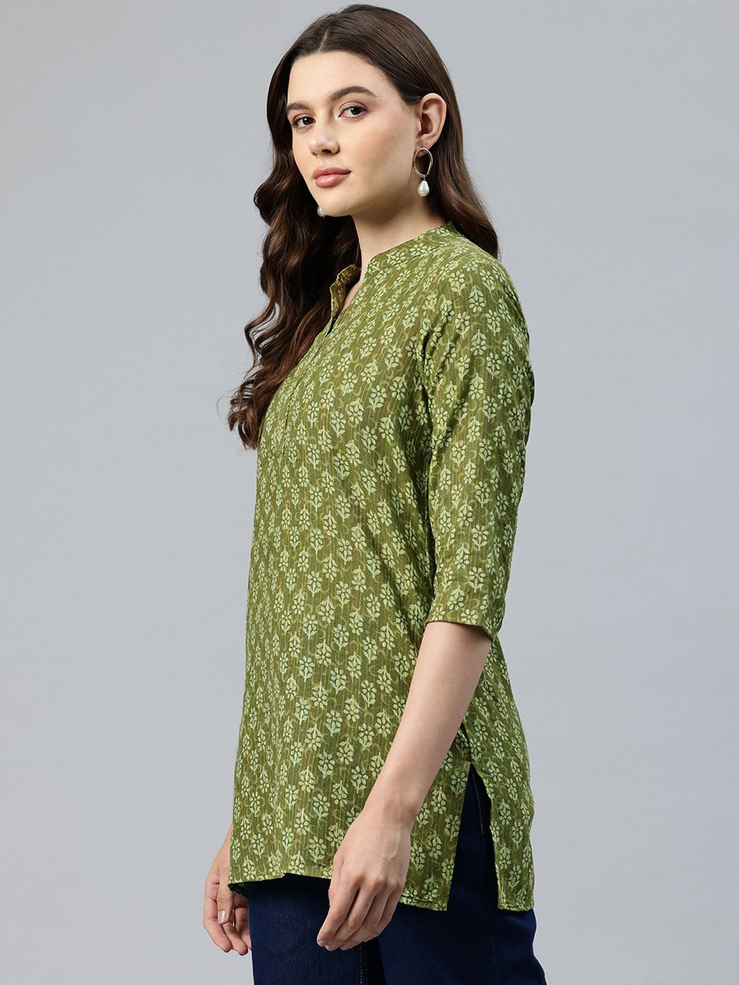 One Femme Green Cotton Printed A Line Kurti
