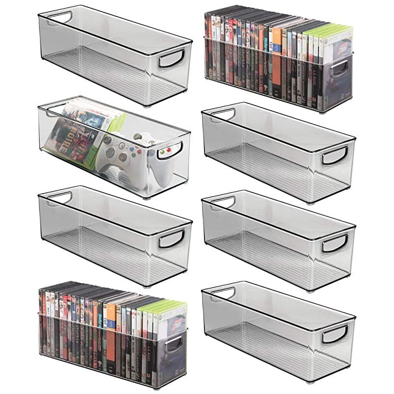 Plastic Stackable Household Storage Organizer Container Bin with Handles - for Media Consoles, Closets, Cabinets - Holds DVD's, Video Games, Gaming Accessories, Head Sets - 8 Pack - Smoke Gray
