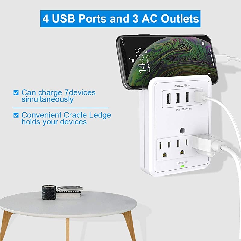 Multi Wall Outlet Adapter Surge Protector 1680 Joules with 4USB Ports Wall Charger Wall Mount Charging Center 3 Outlet Wall Mount Adapter for Home School Office ETL Certified