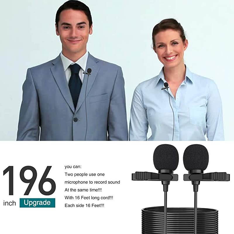 Premium 16 Feet Dual-head Lavalier Microphone, Professional Lapel Clip-on Omnidirectional Condenser Mic for Apple iPhone,Android,PC,Recording Youtube,Interview,Video Conference,Podcast