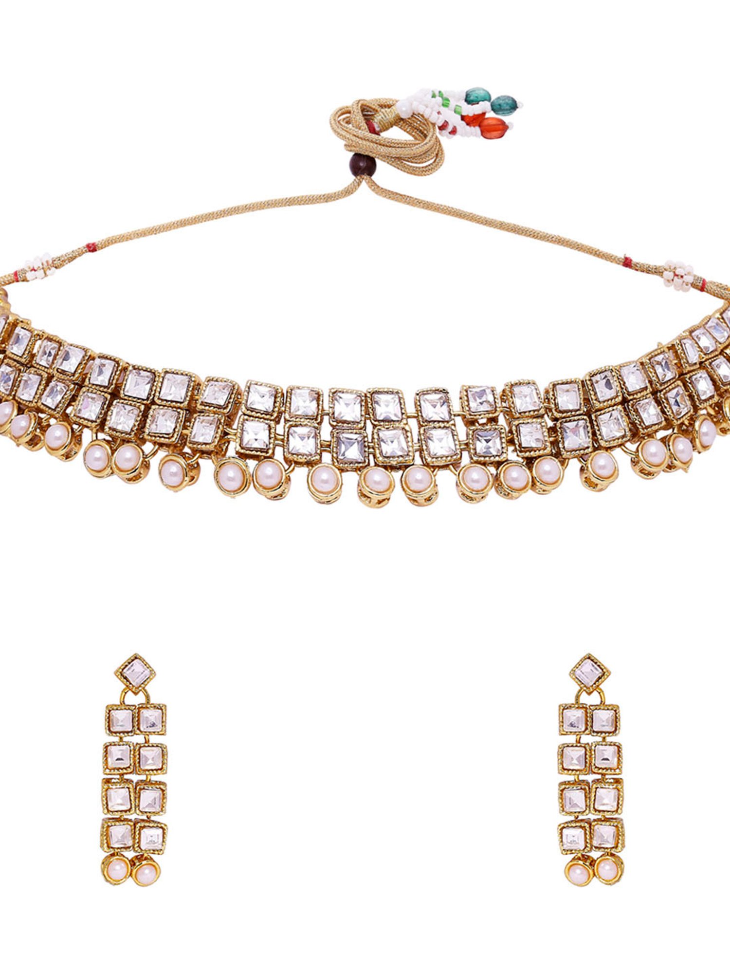 OOMPH Gold Tone Jadau Kundan & Pearl Delicate Choker Necklace Set with Drop Earrings