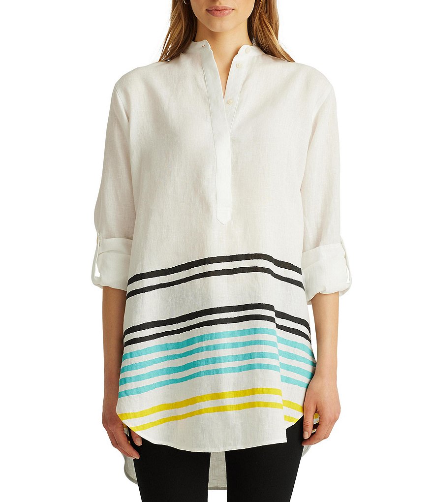 Lauren Ralph Lauren Striped Linen Long Roll-Tab Sleeve Hi-Low Tunic