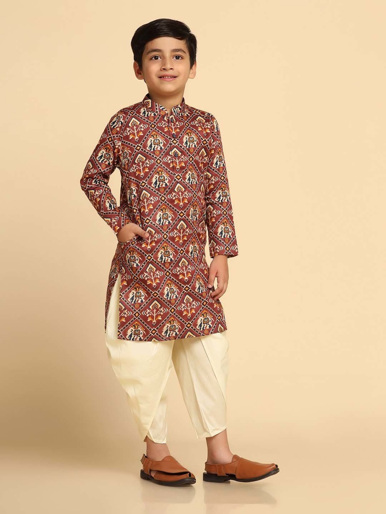 KISAH Kids Pink & White Cotton Printed Full Sleeves Kurta Set