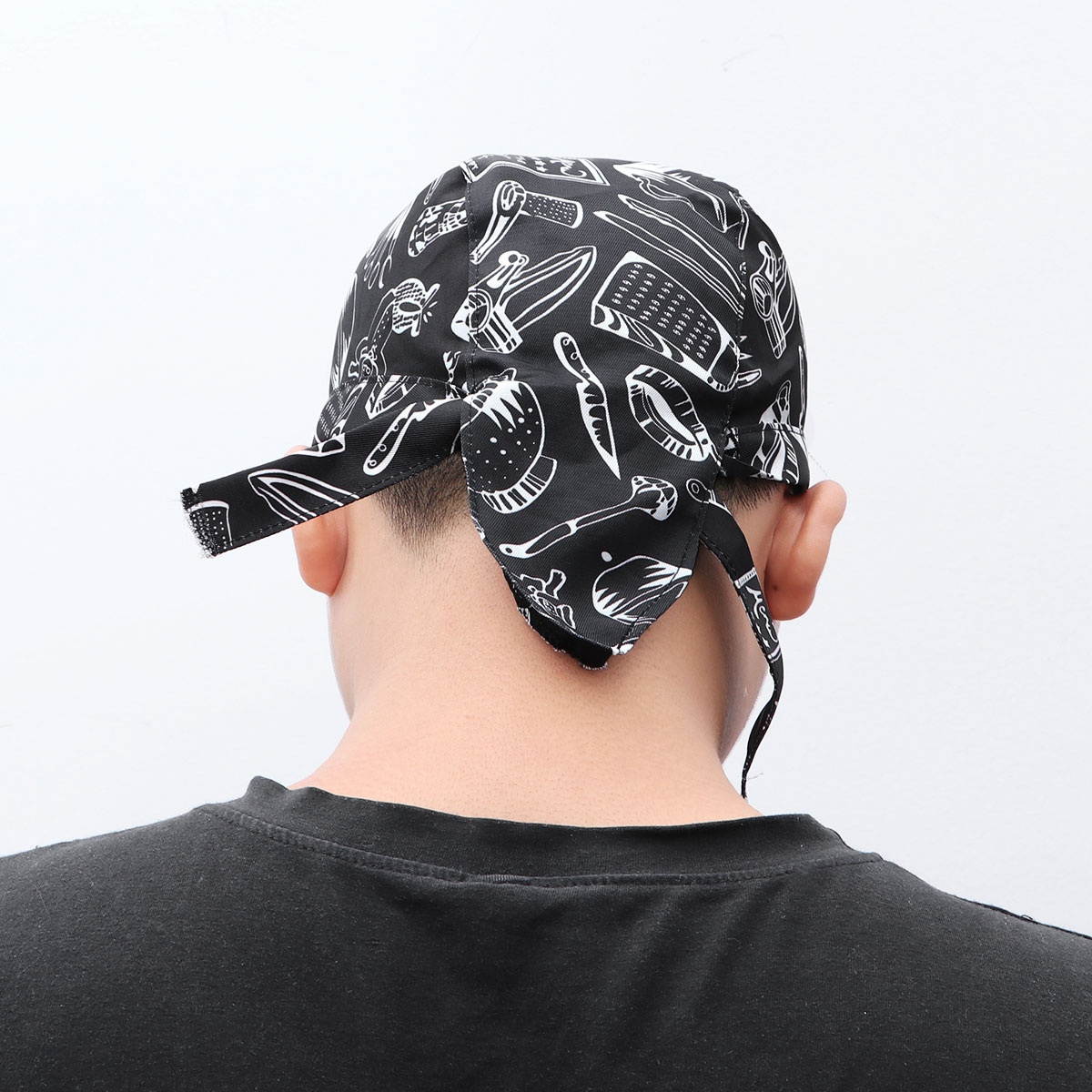 Fashion Cutlery Style Chefs Hat Cap Kitchen Catering Skull Cap Ribbon Cap Turban (Black+White)