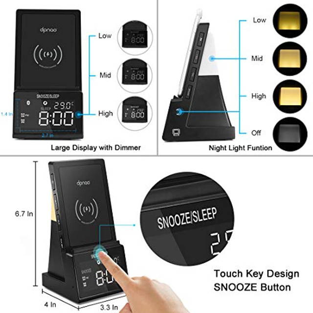 dpnao Alarm Clock with Wireless Charging Dock Stand Bluetooth Speaker Night Light USB Fast Charger Compatible with iPhone 11/11 Pro/11 Pro Max/XR/Xs Max/XS/X/8/8 Plus Galaxy S10/S10 Plus/S10E/S9