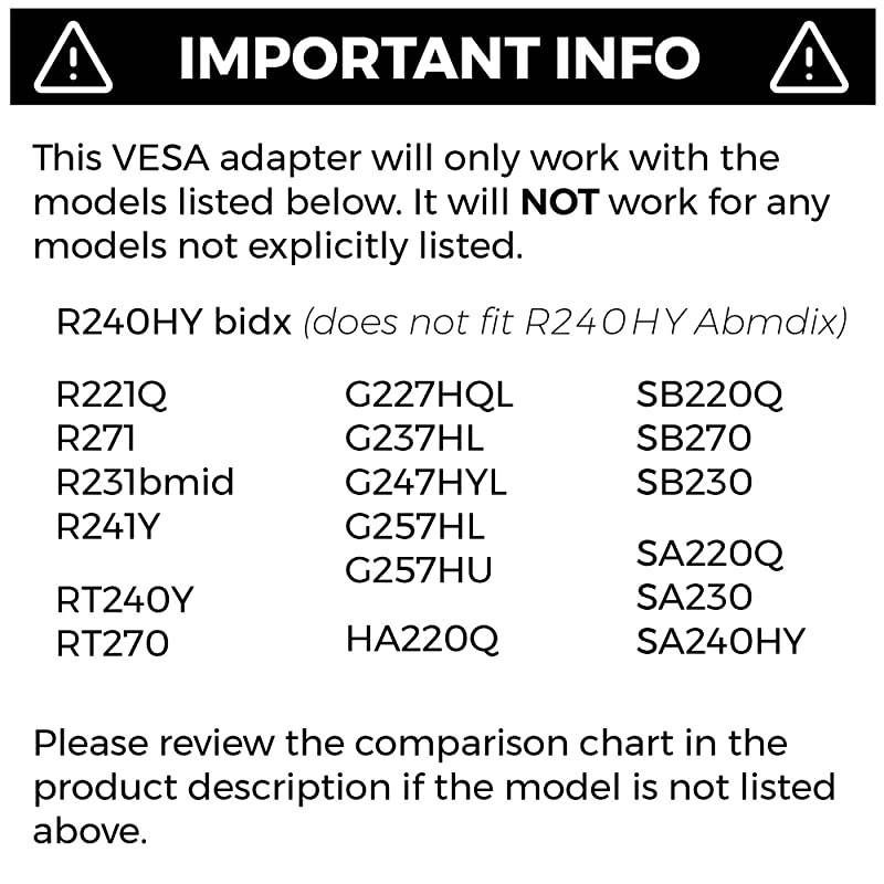 VESA Mount Adapter Bracket for Acer Monitors R240HY bidx SB220Q SB270 SB230 RT240Y RT270 R221Q R231bmid R241Y G227HQL G237HL G247HYL G257HLHU SA240Y SA220Q SA230 | Patent Pending