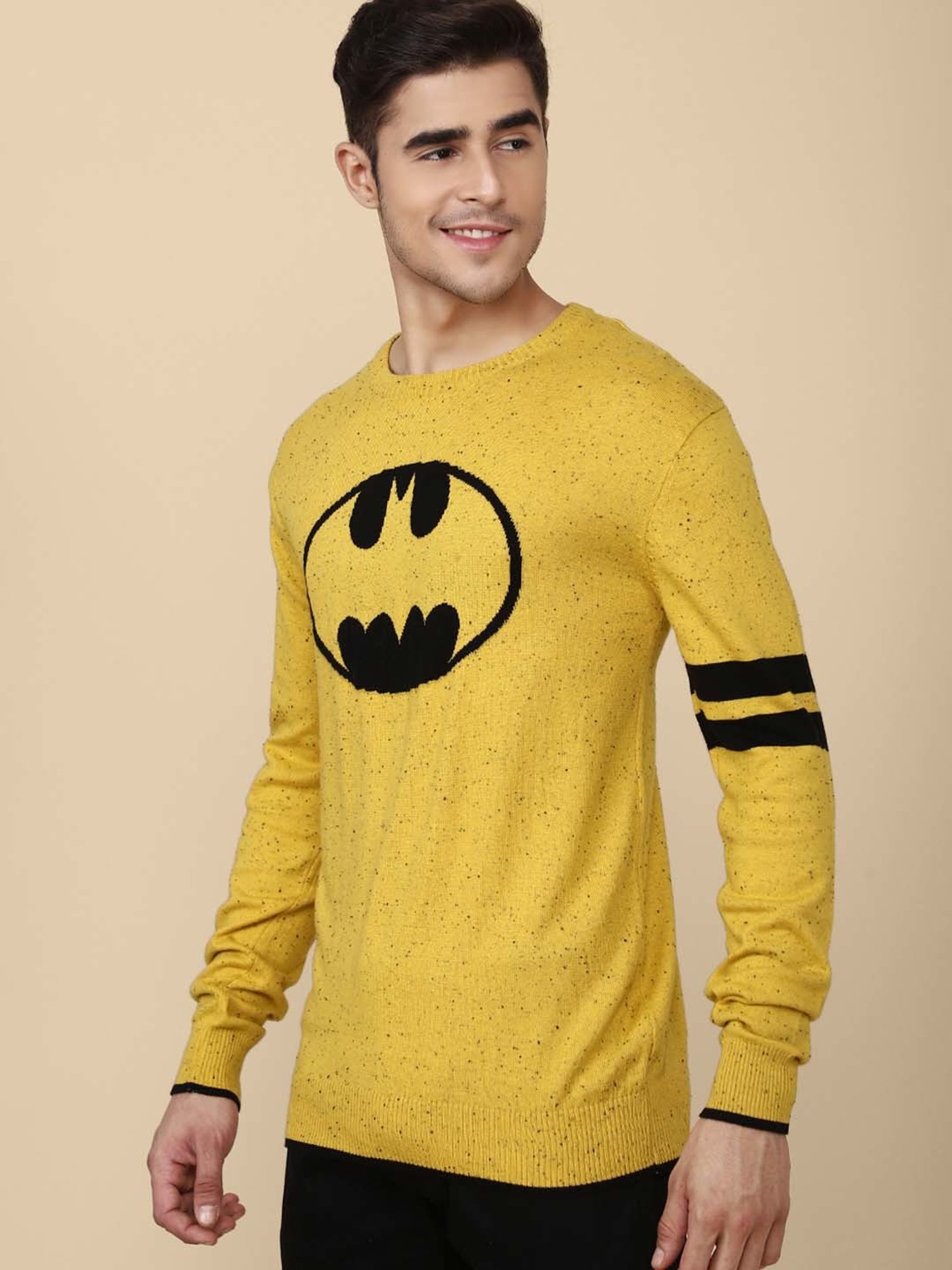 Free Authority Yellow & Black Regular Fit Batman Printed Sweater