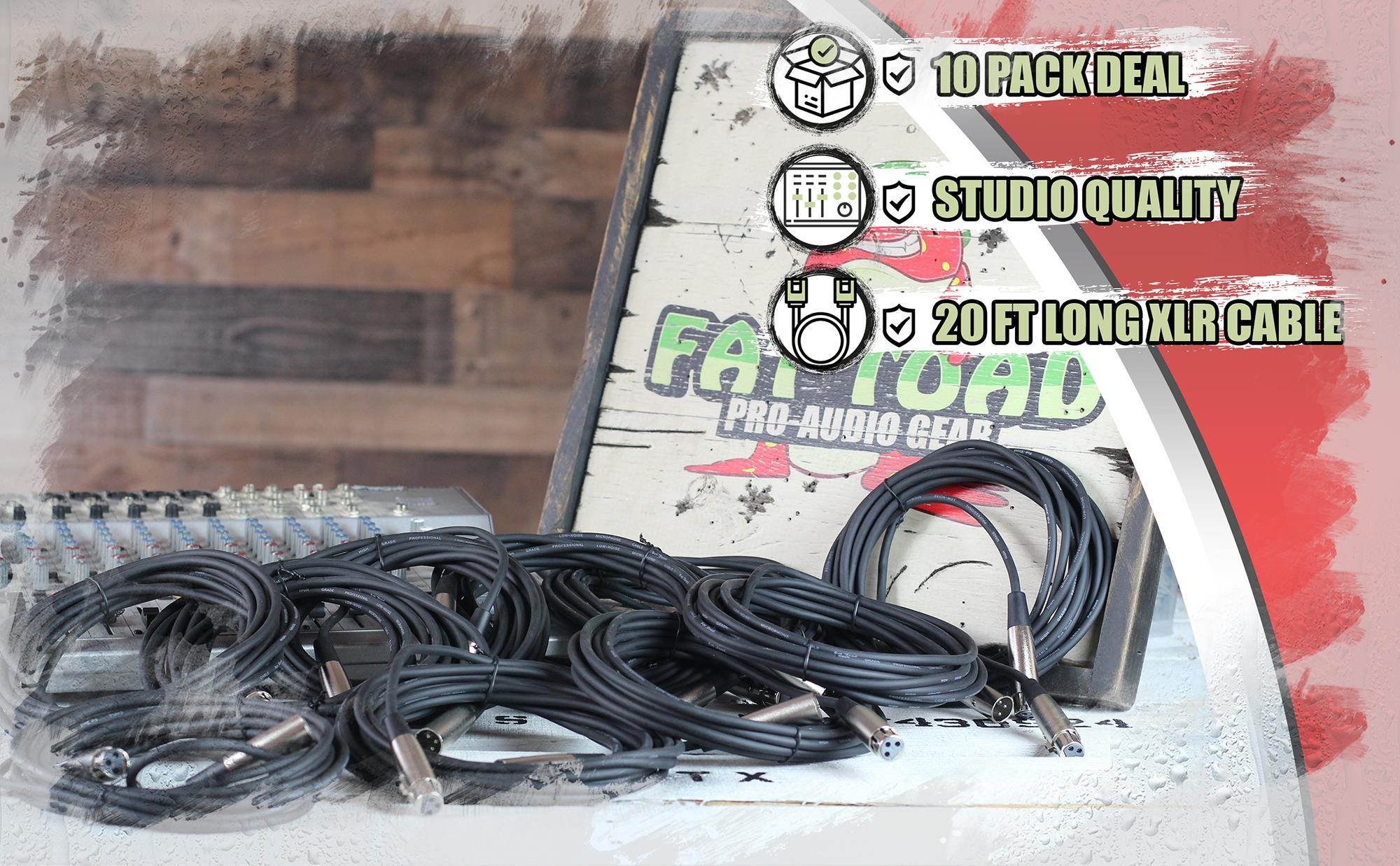 Microphone Cables by FAT TOAD (10 Pack) 20ft Professional Pro Audio XLR Mic Cord Patch with Female & Male Connector | 20 AWG Shielded Wire & Balanced for Sound Music Recording Studio Mixer Stage Gear