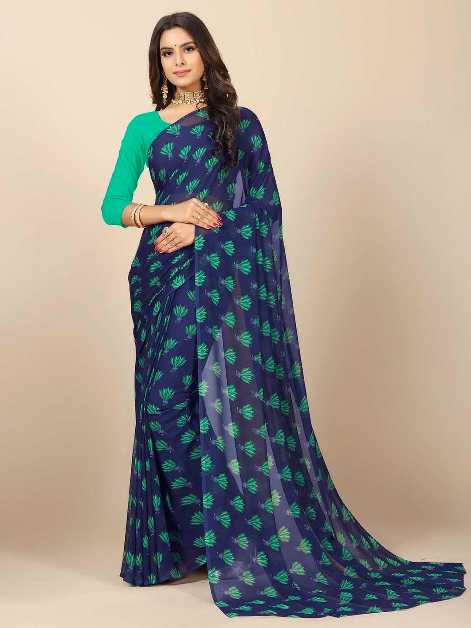 Rangita Navy Printed Saree With Blouse