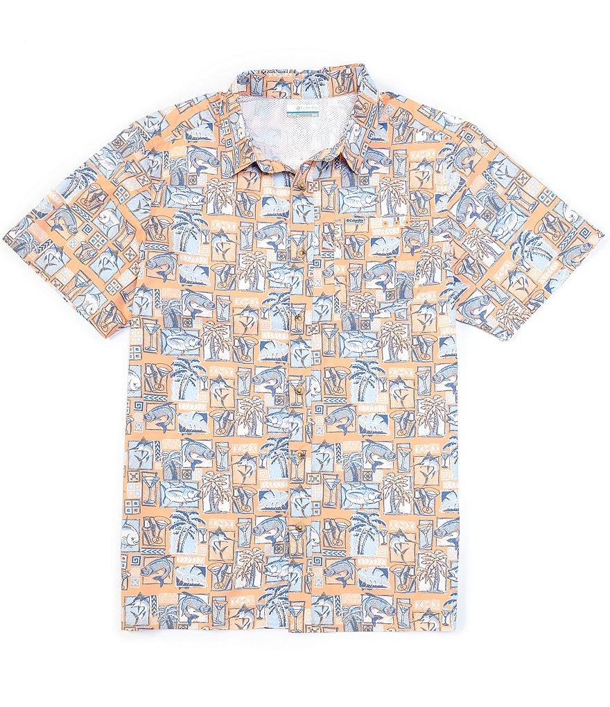 Columbia PFG Super Slack Tide Fish Novelty Print Short-Sleeve Pocket Camp Shirt