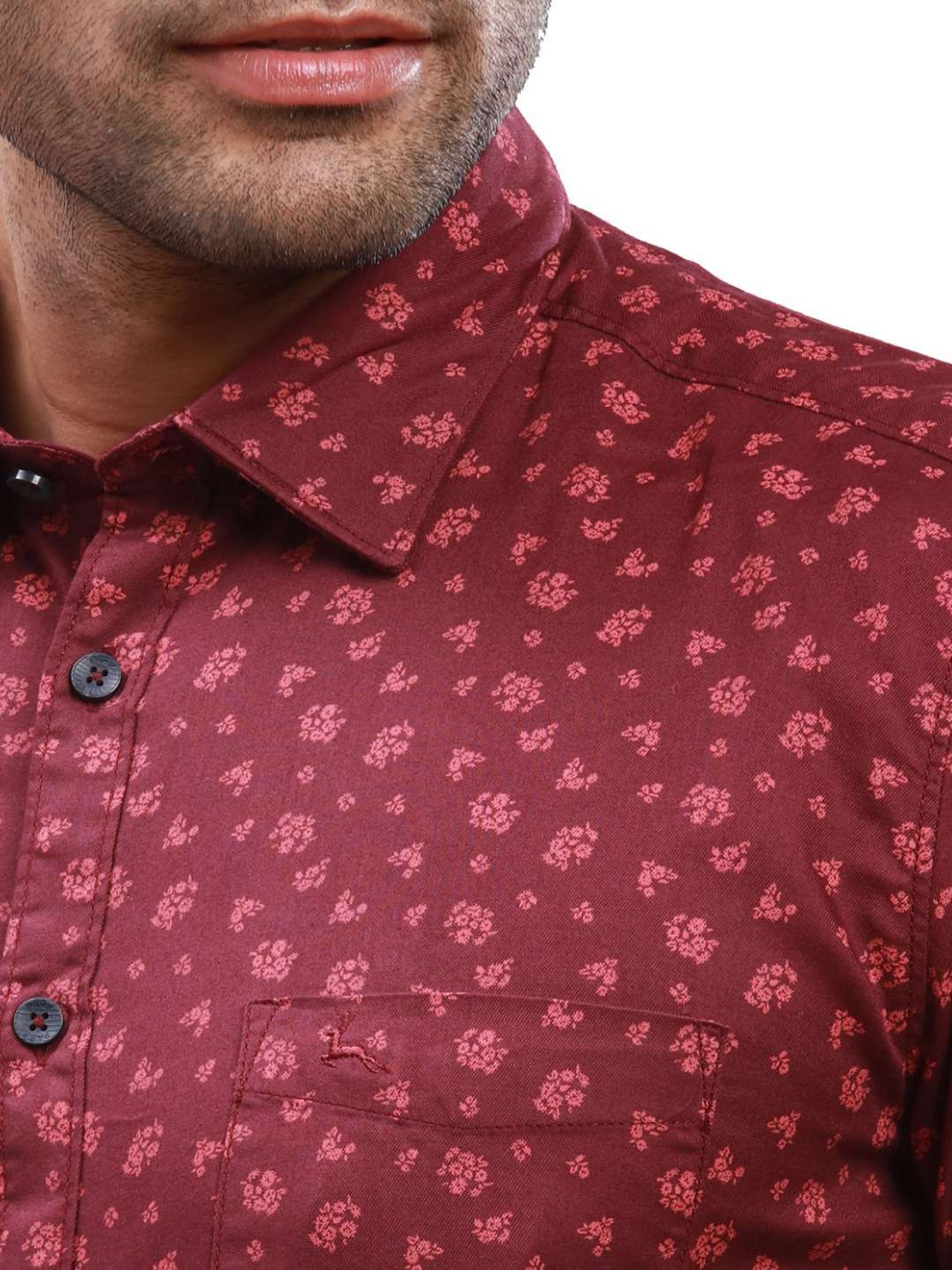 Parx Red Cotton Slim Fit Printed Shirt
