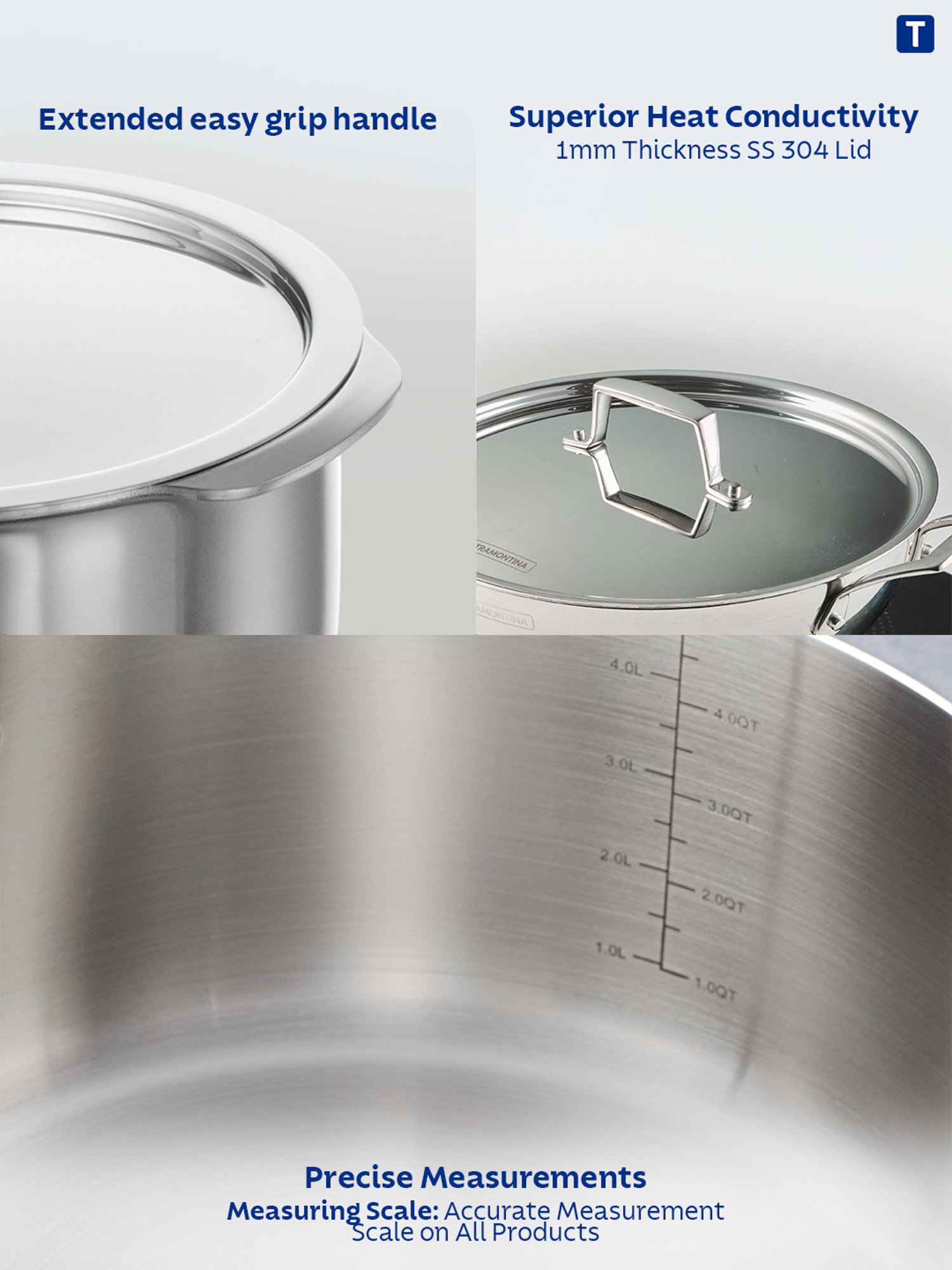 Tramontina Aeion Triply Non-Toxic Stainless Steel Tope with Lid 16cm/1.6L NSF Certified