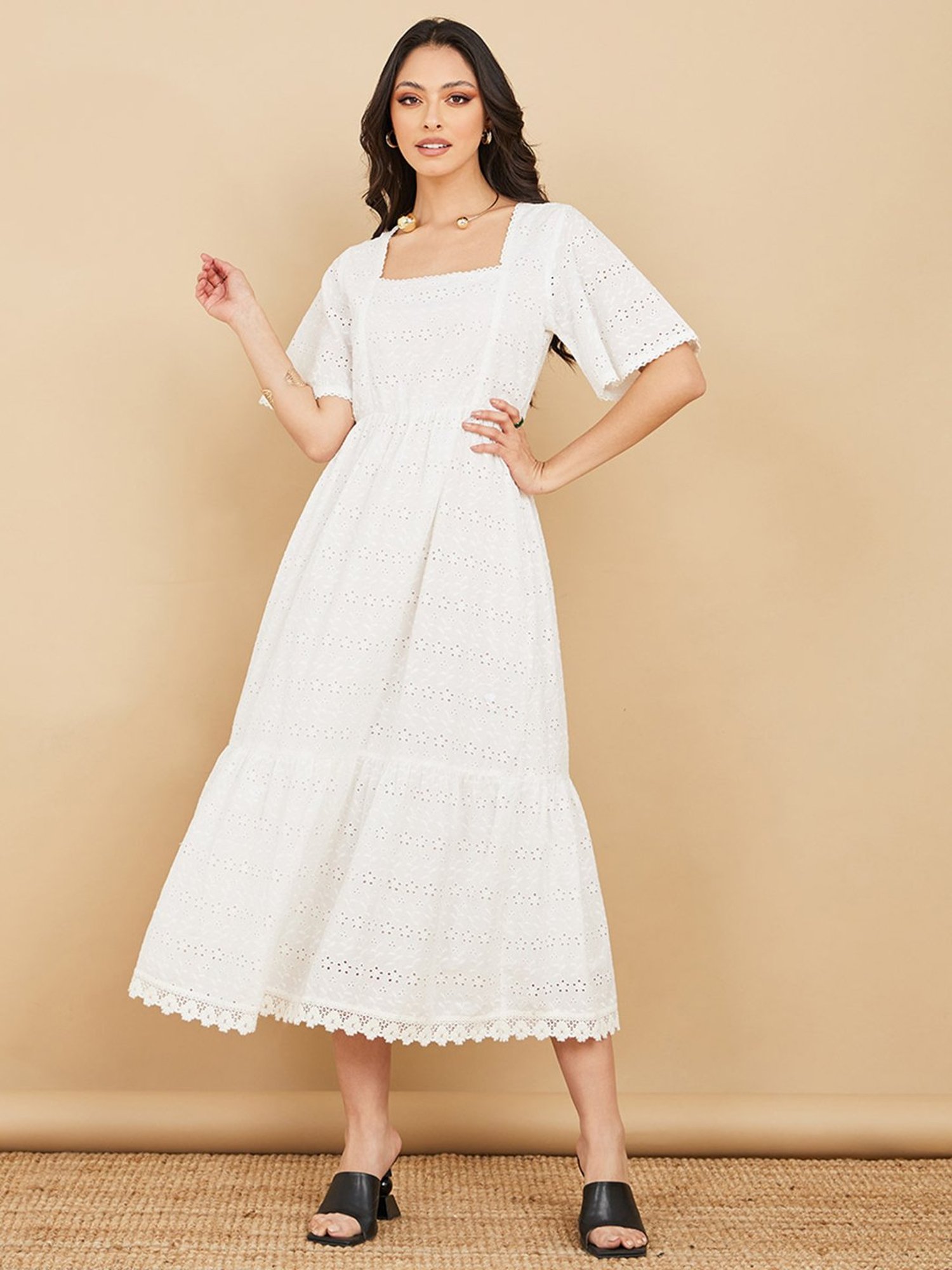 Styli White Cotton Self Design Midi Dress