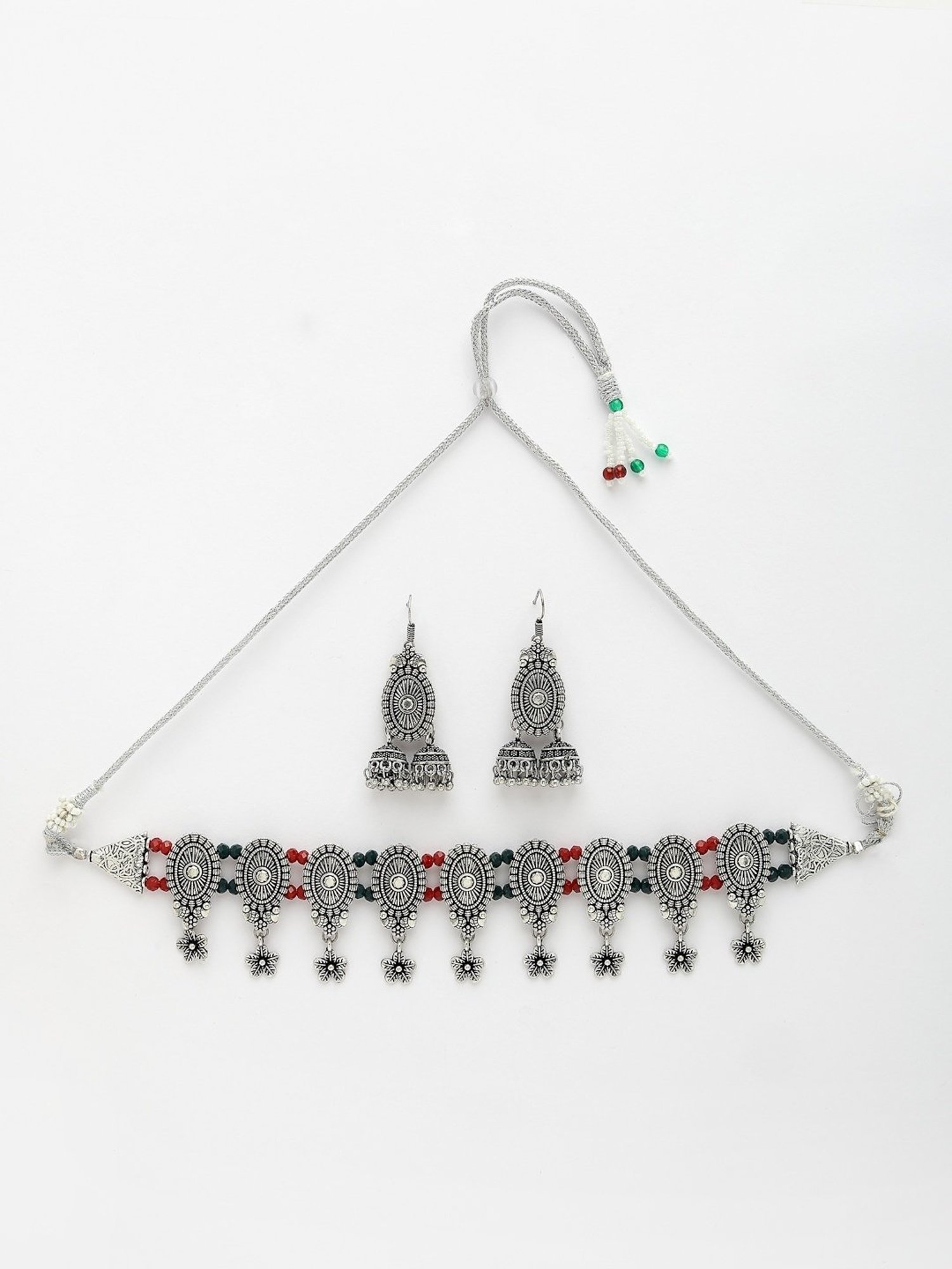 NVR Women Silver-Plated Choker Oxidized Necklace with Jhumki Earrings