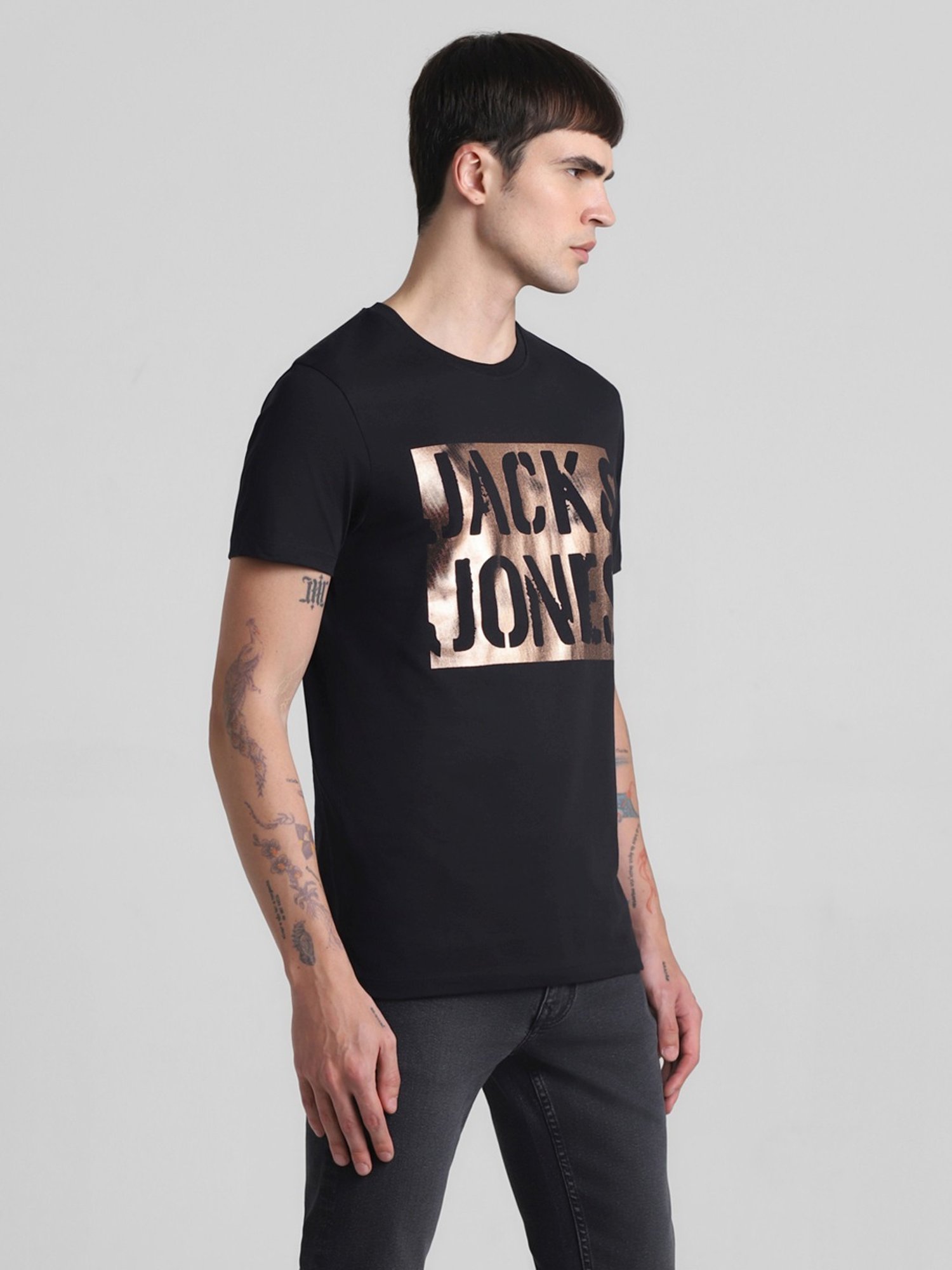Jack & Jones Jet Black Cotton Slim Fit Printed T-Shirt