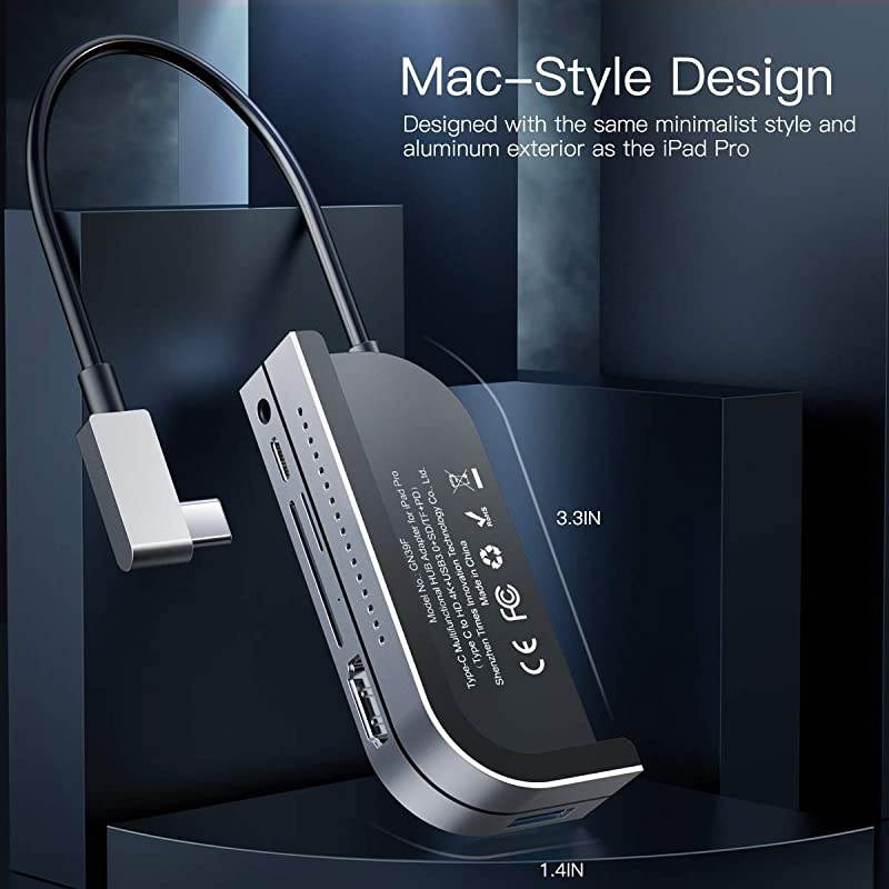 iPad Pro USB C Hub, iPad Pro Docking Station,  6-in-1 Aluminum iPad Pro Dongle USB Type-C Adapter with 4K HDMI, USB-C PD Charging, SD/Micro Card Reader, USB 3.0 & 3.5mm Headphone Jack