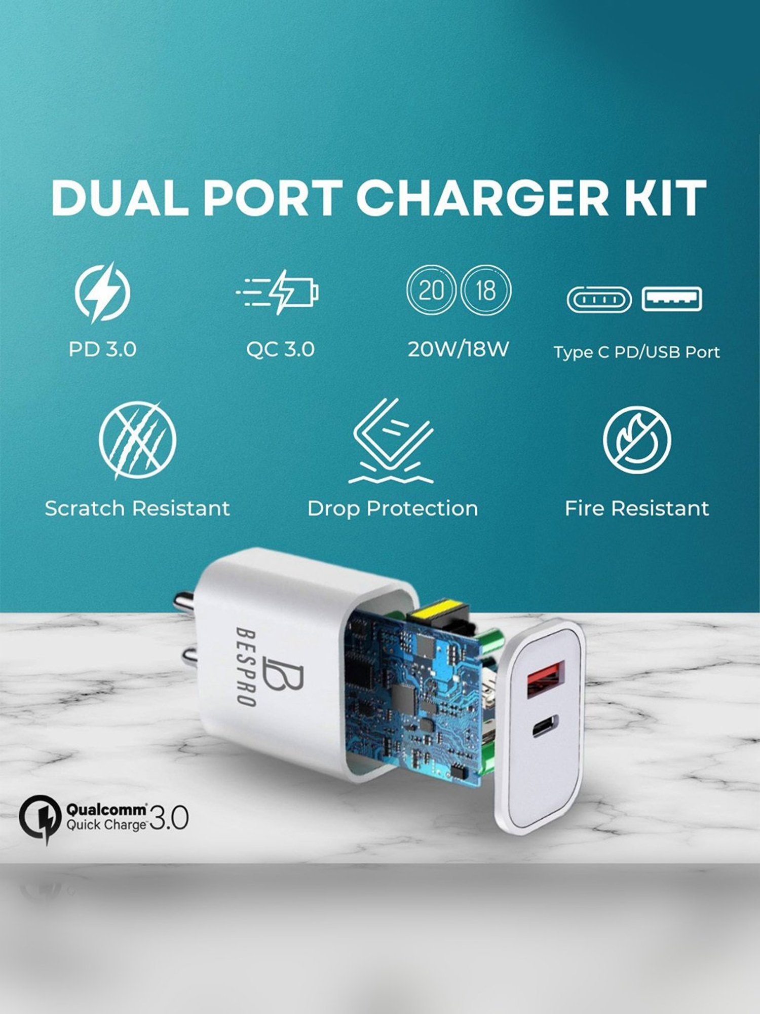 Bespro 20 W 1.67 A Multiport Mobile 20W Dual Port USB and Type C PD Fast Charger Adapter - White