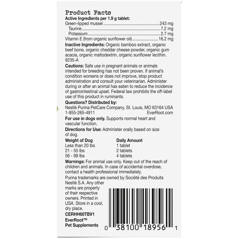 Purina EverRoot Natural, Organic Heart Health with Green Lipped Mussels Dog Supplement Chewable Tablets - 60ct