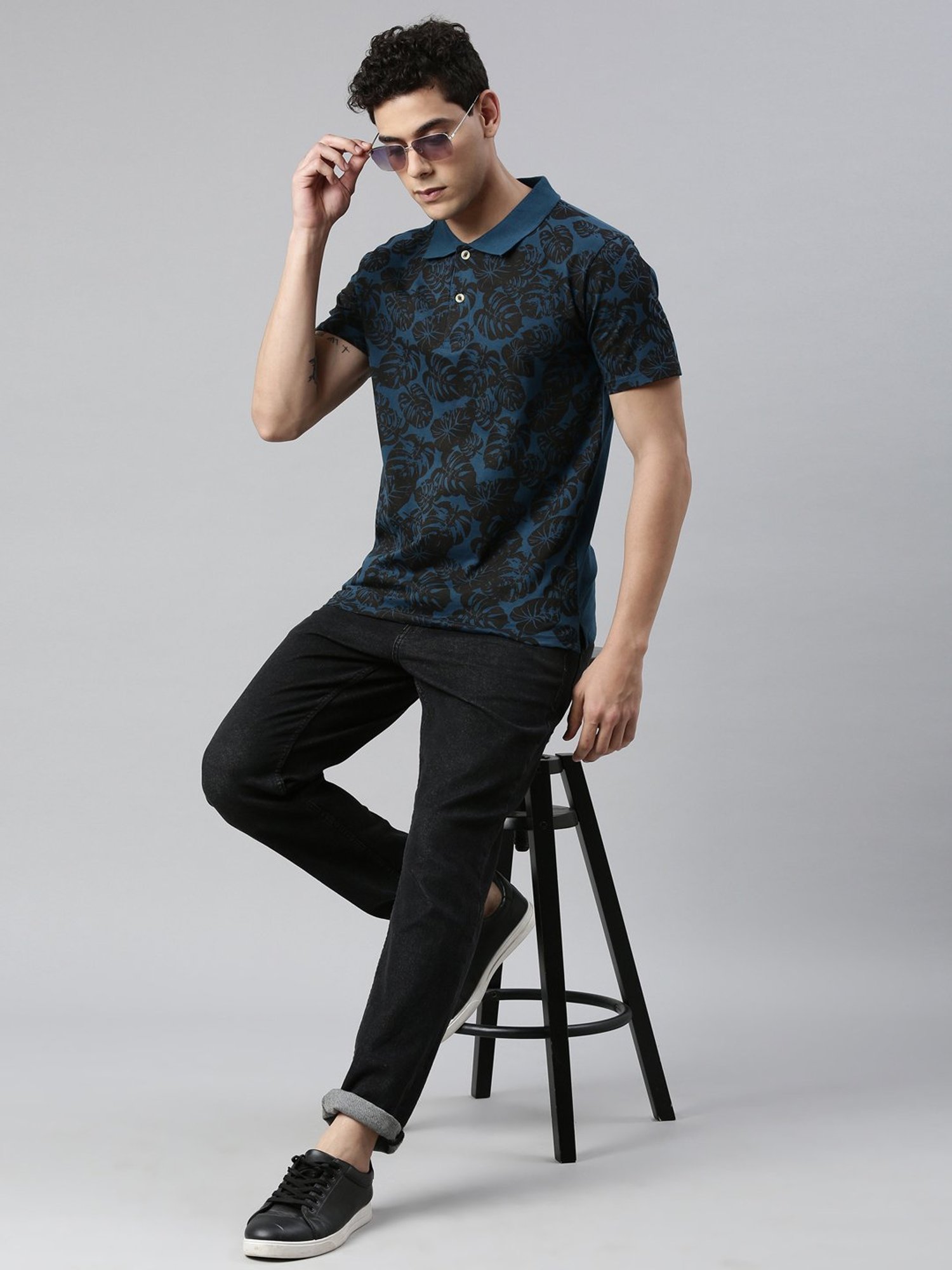 Kryptic Teal & Black Regular Fit Printed Cotton Polo T-Shirt
