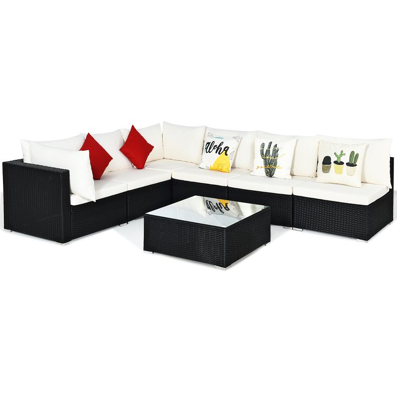 7PCS Patio Rattan Furniture Set Sectional Sofa Cushioned Glass Table Steel Frame