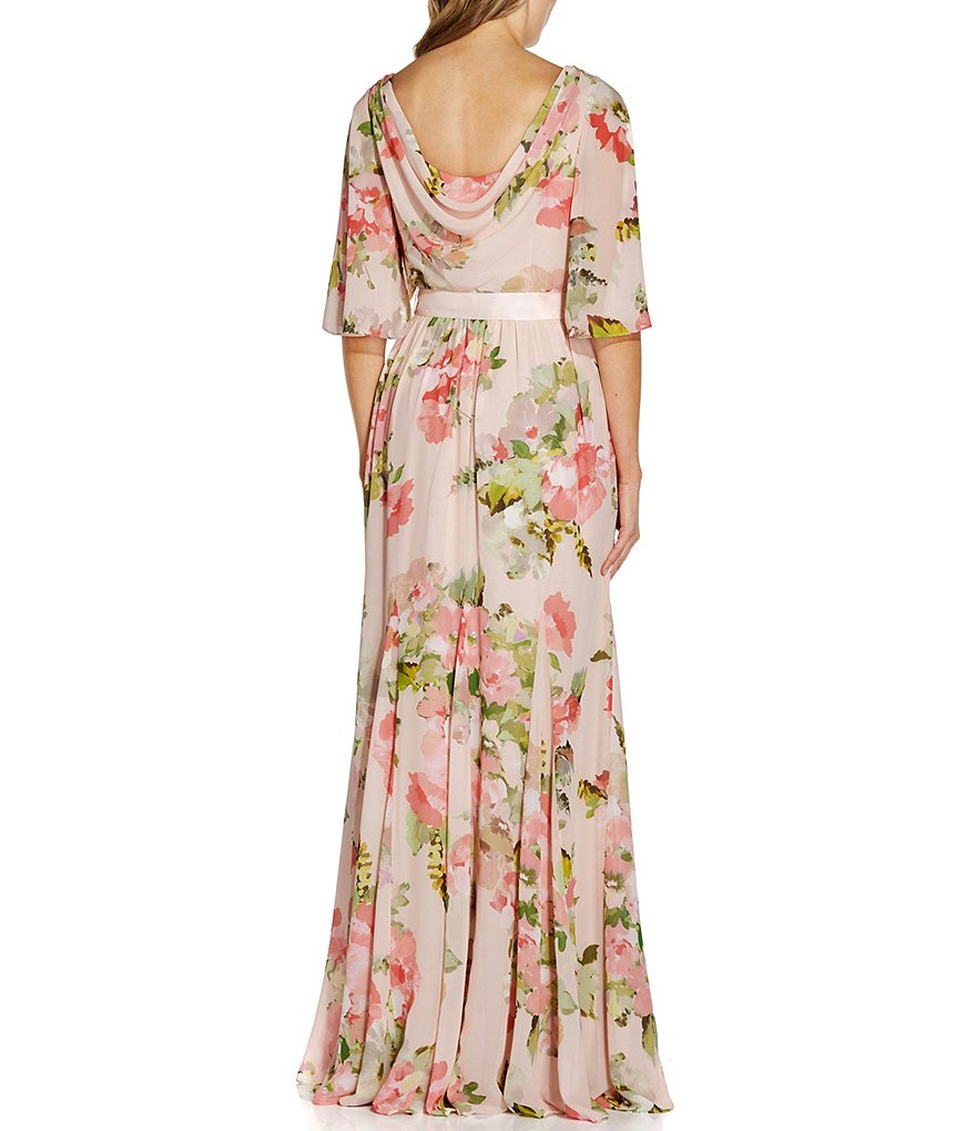 Kay Unger Long Bishop Sleeve V-Neck Crepe A-Line Dress