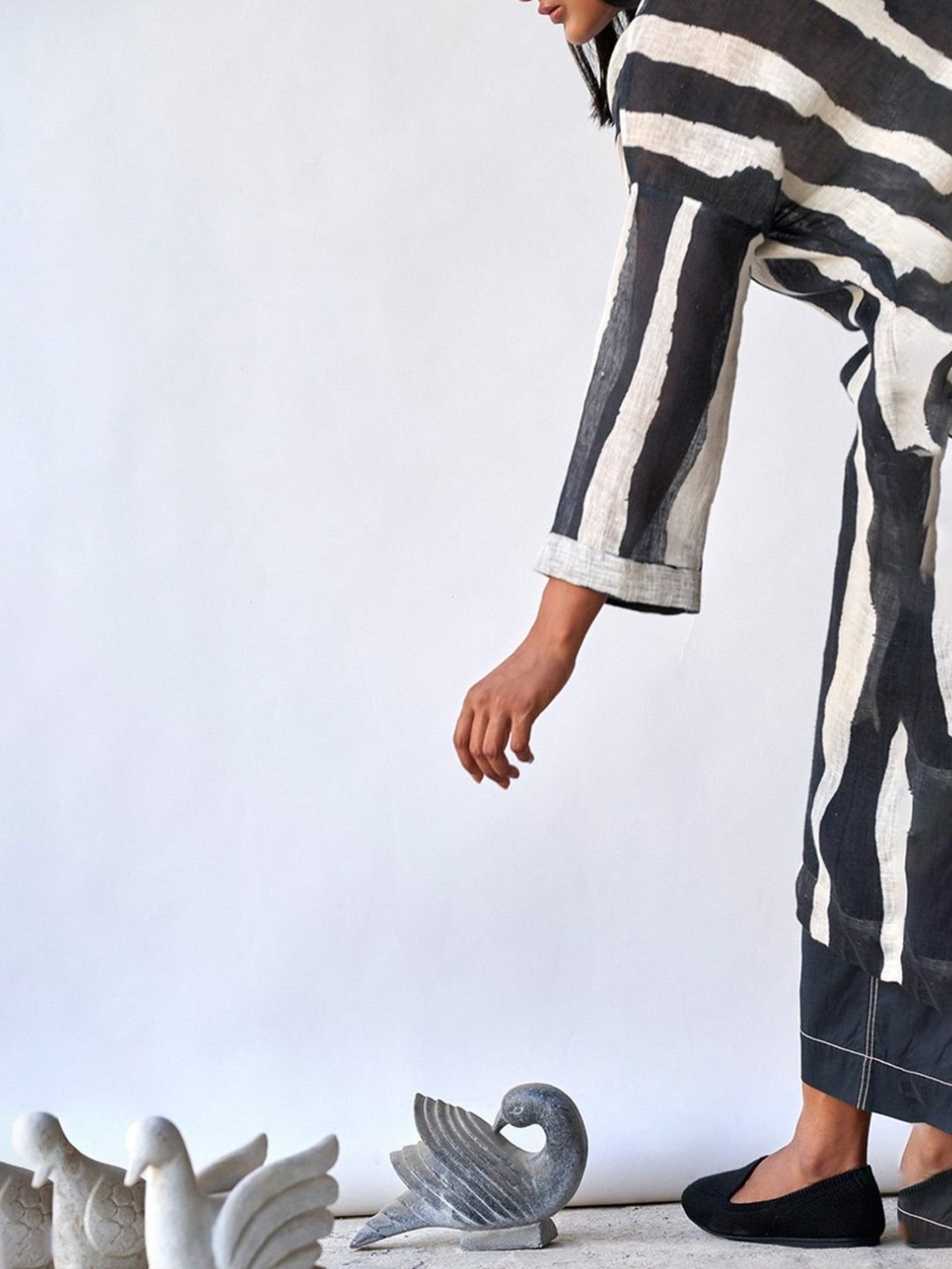 Ganga Fashions Black & Tofu Stripe Linen Kurta with Pant Co-ords Set