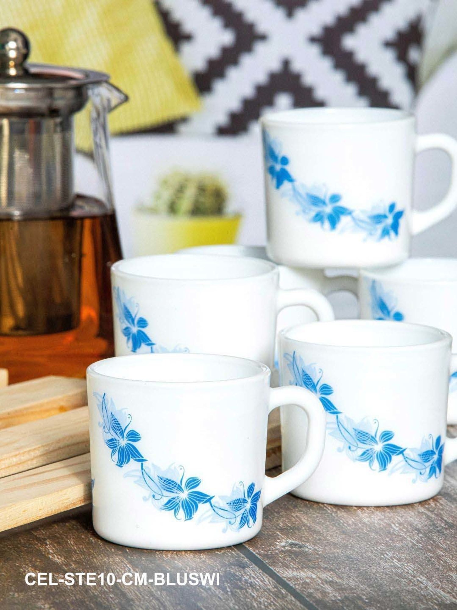 Cello White & Blue Glass Coffee Mug (0.1 L) - Set of 6