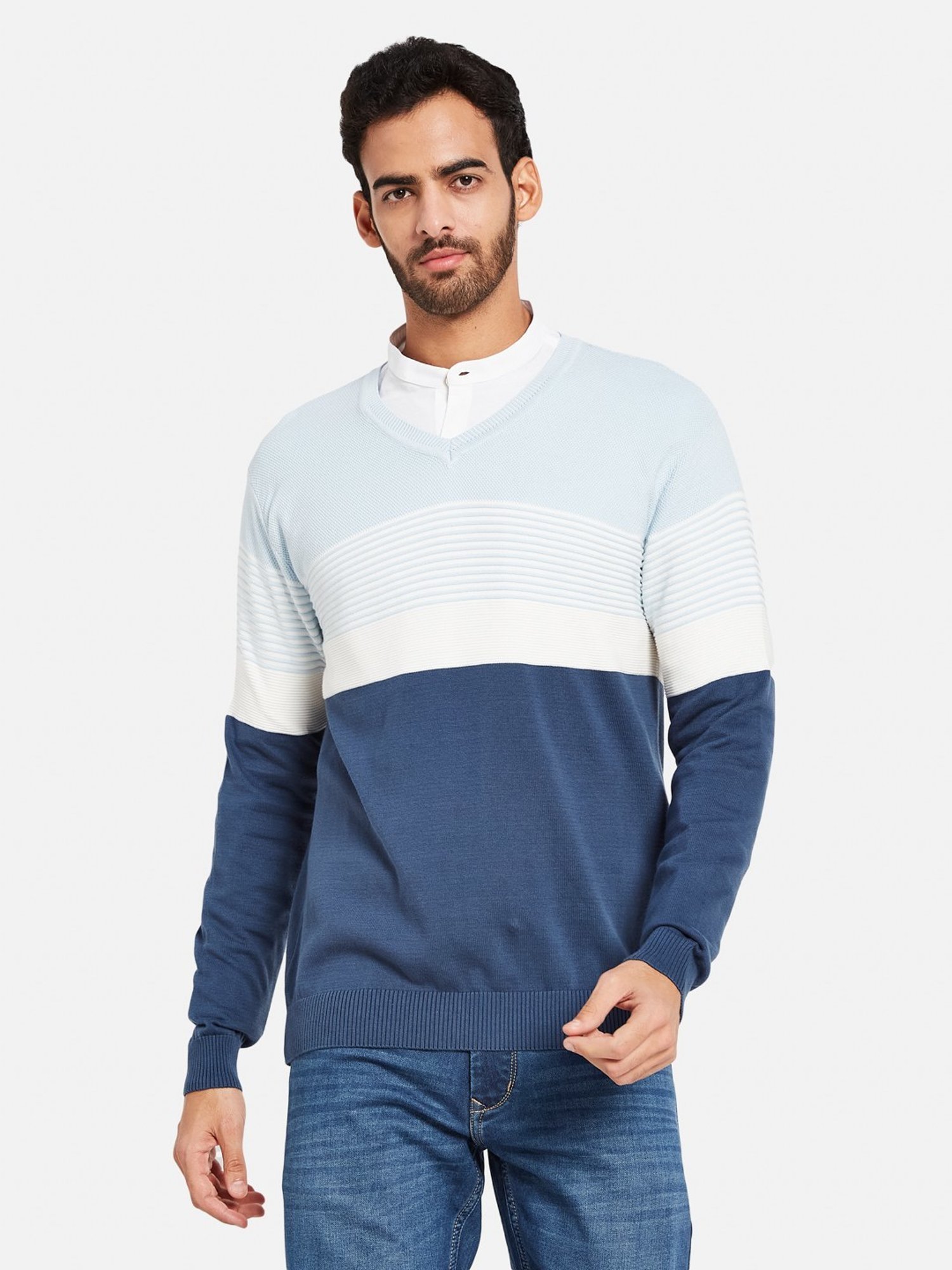 METTLE Sky Blue Cotton Regular Fit Striped Sweater