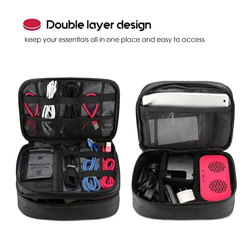 Electronics Travel Organizer Storage Bag, Double Layer Universal Traveling Gear Accessories Carrying Cover Pouch for iPad Mini Cables Phone Chargers Adapter Flash Hard Drive and More &ndash;Black