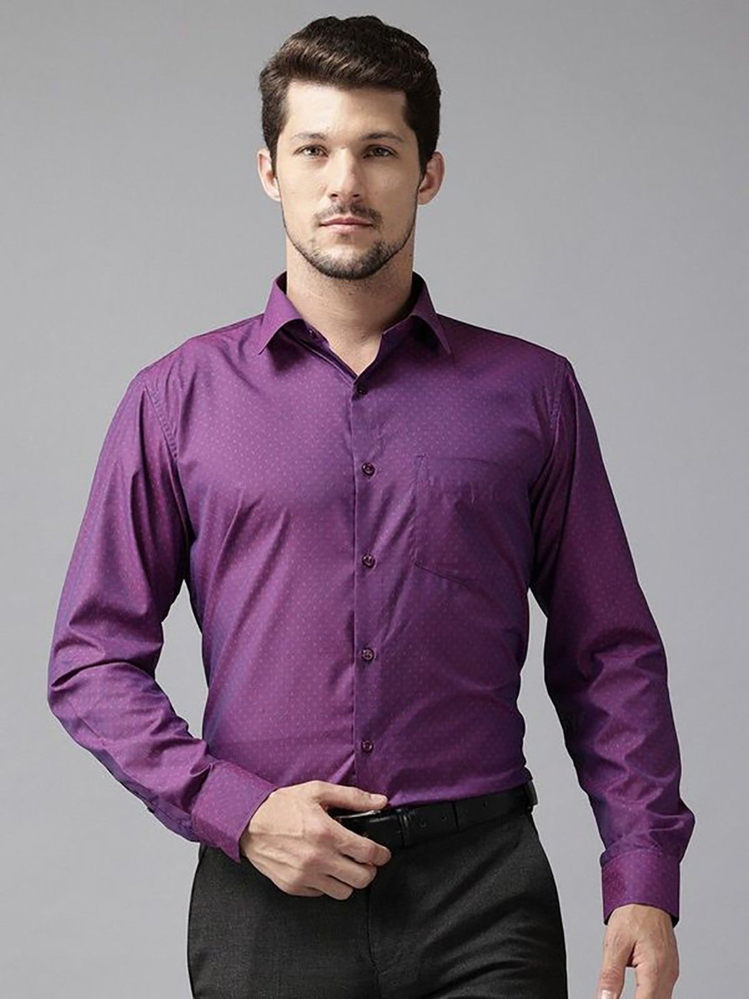 English Navy Purple Slim Fit Solid Shirts