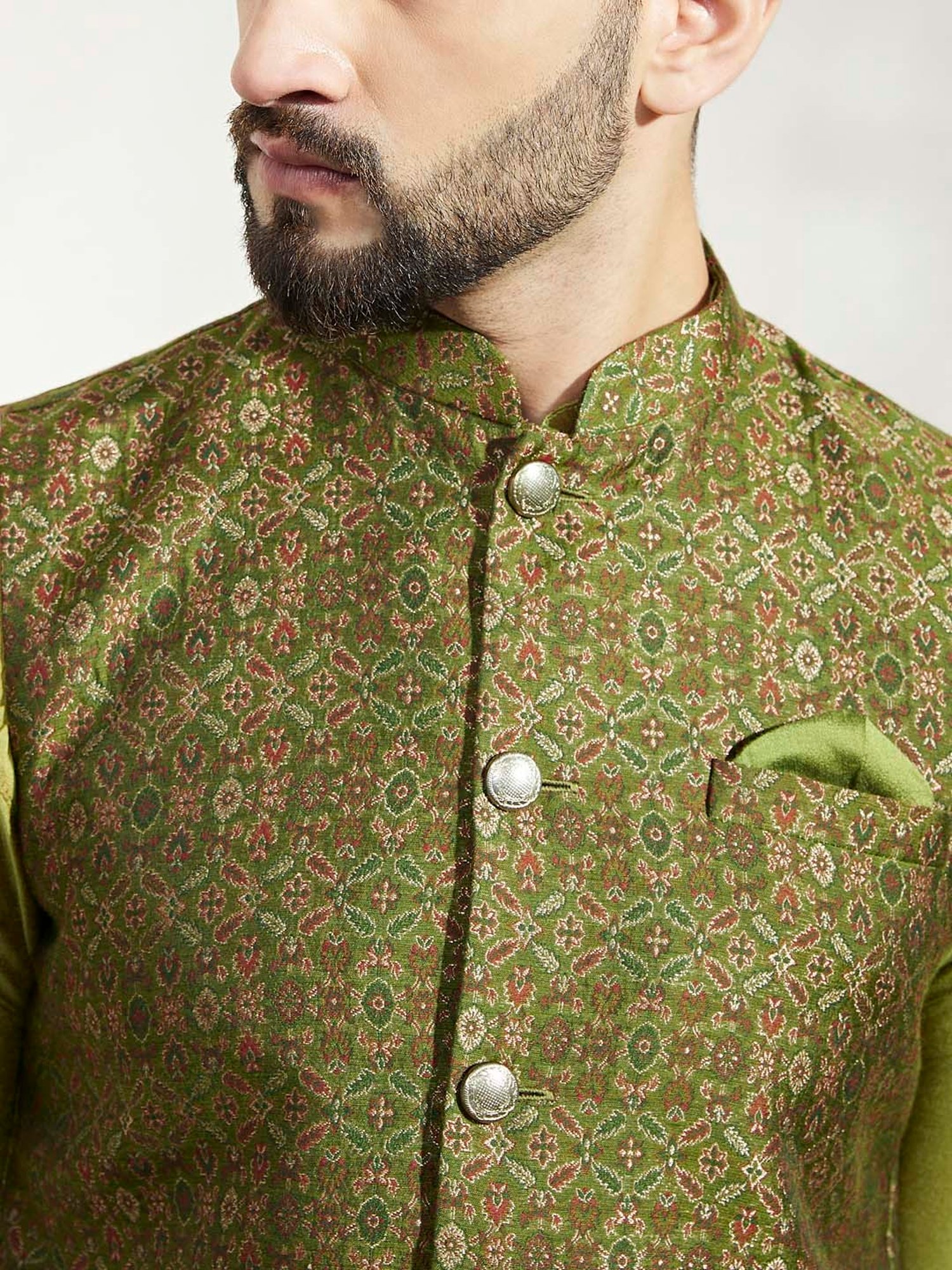 KISAH Olive & Off White Regular Fit Self Design Kurta & Pants With Nehru Jacket