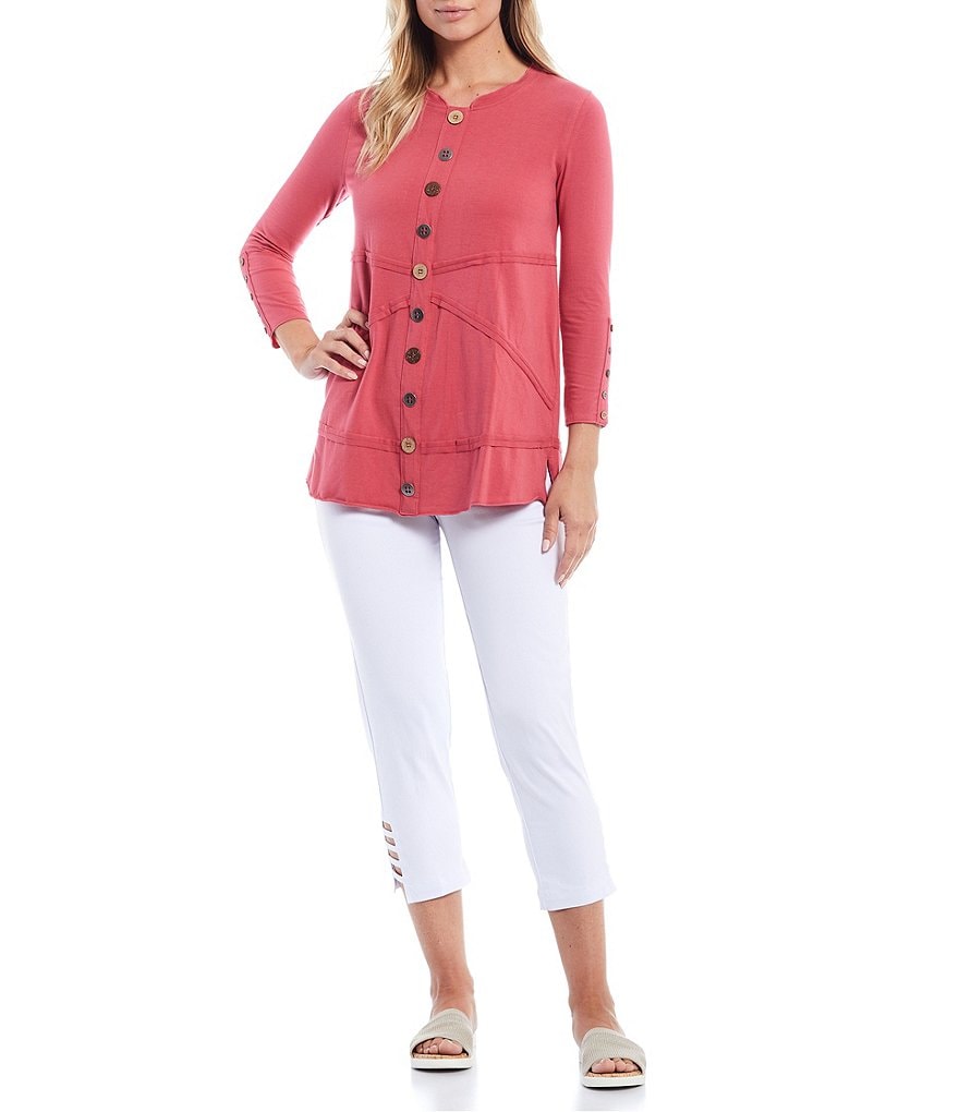 Multiples Petite Size Band Scoop Sleeve Seamed Detail Button Trim 3/4 Sleeve Knit Top