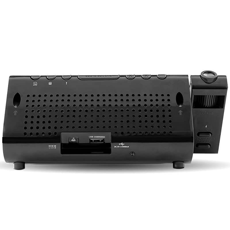 USB Charging Alarm Clock Radio with Time Projection Battery Backup Auto Time Set Dual Alarm 12 LED Display for Smartphones Tablets EAAC475