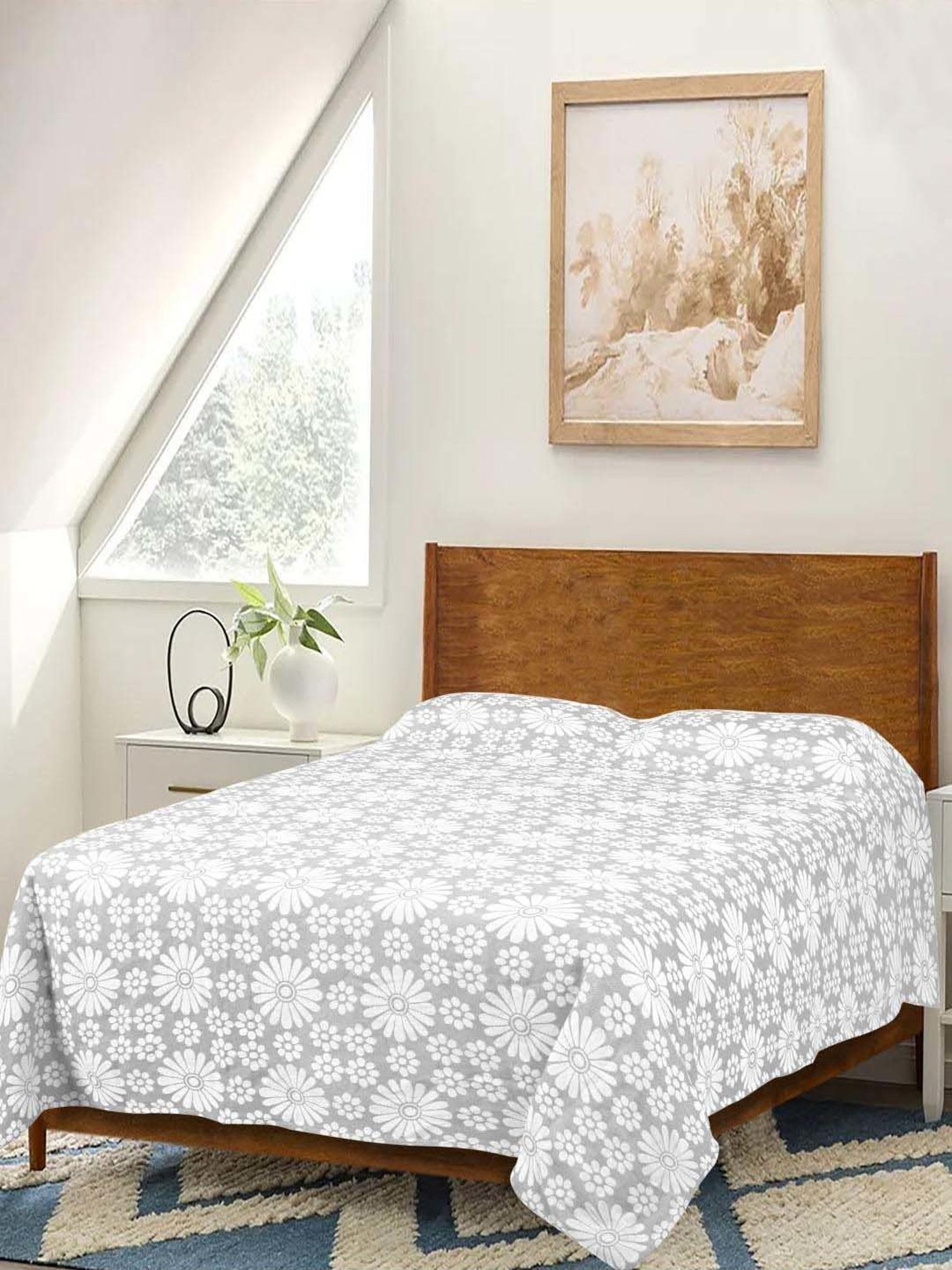 Saral Home Easy Living Grey Cotton 150 TC Chitki Queen Bed Cover