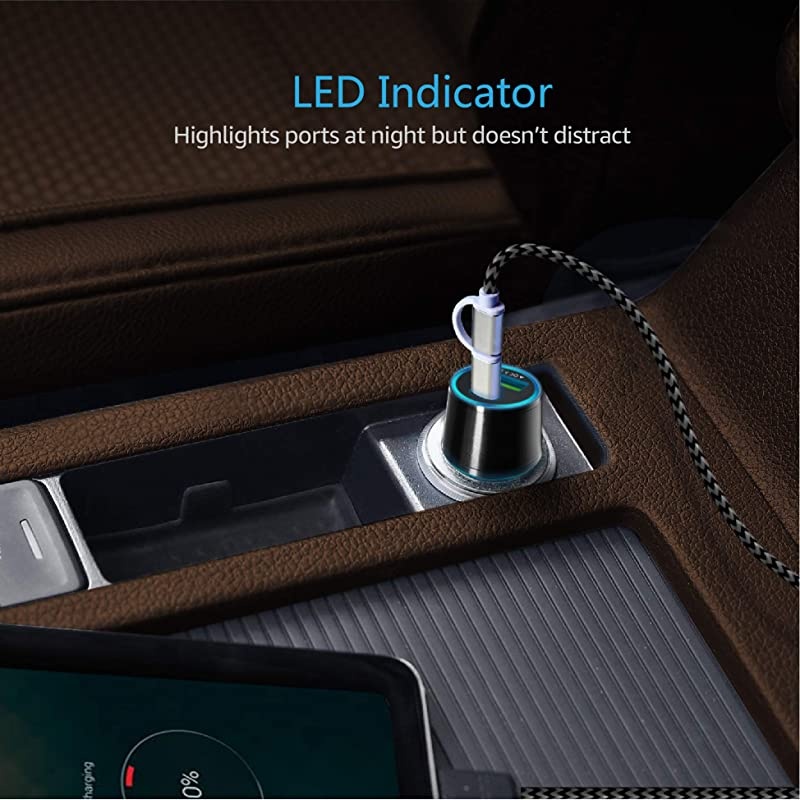 USB Car Charger  USB Car Quick Charger 30 with Charging Cable C Type Retractable 2 in 1 USB PD QC 30 car ChargerPower Delivery Dual USB Port Flush Mount Slim Fast Charge car Adapter