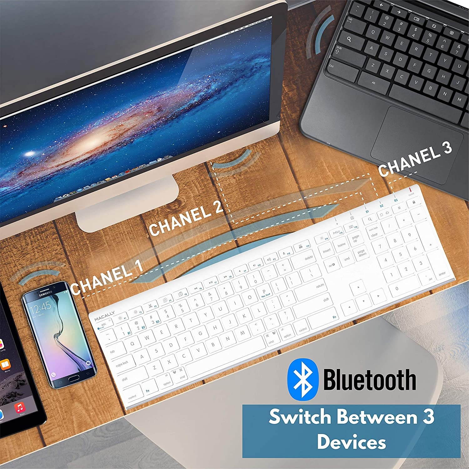 Macally Wireless Bluetooth Keyboard for Mac or PC - Multisync, Connect up to 3 Devices Simultaneously - Rechargeable Mac Wireless Keyboard with 110 Keys, 20 Shortcuts, and Numeric Keypad - White