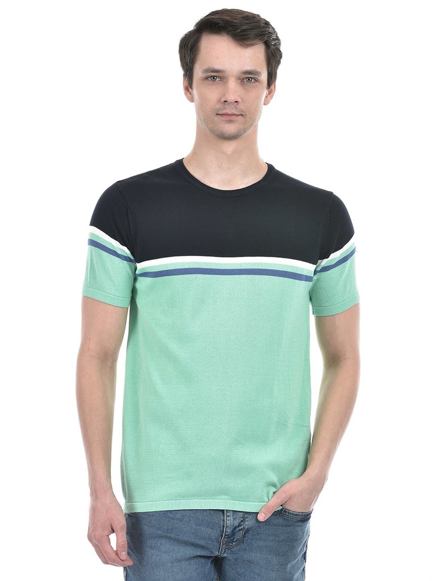 Numero Uno Navy Cotton Slim Fit Colour Block T-Shirt
