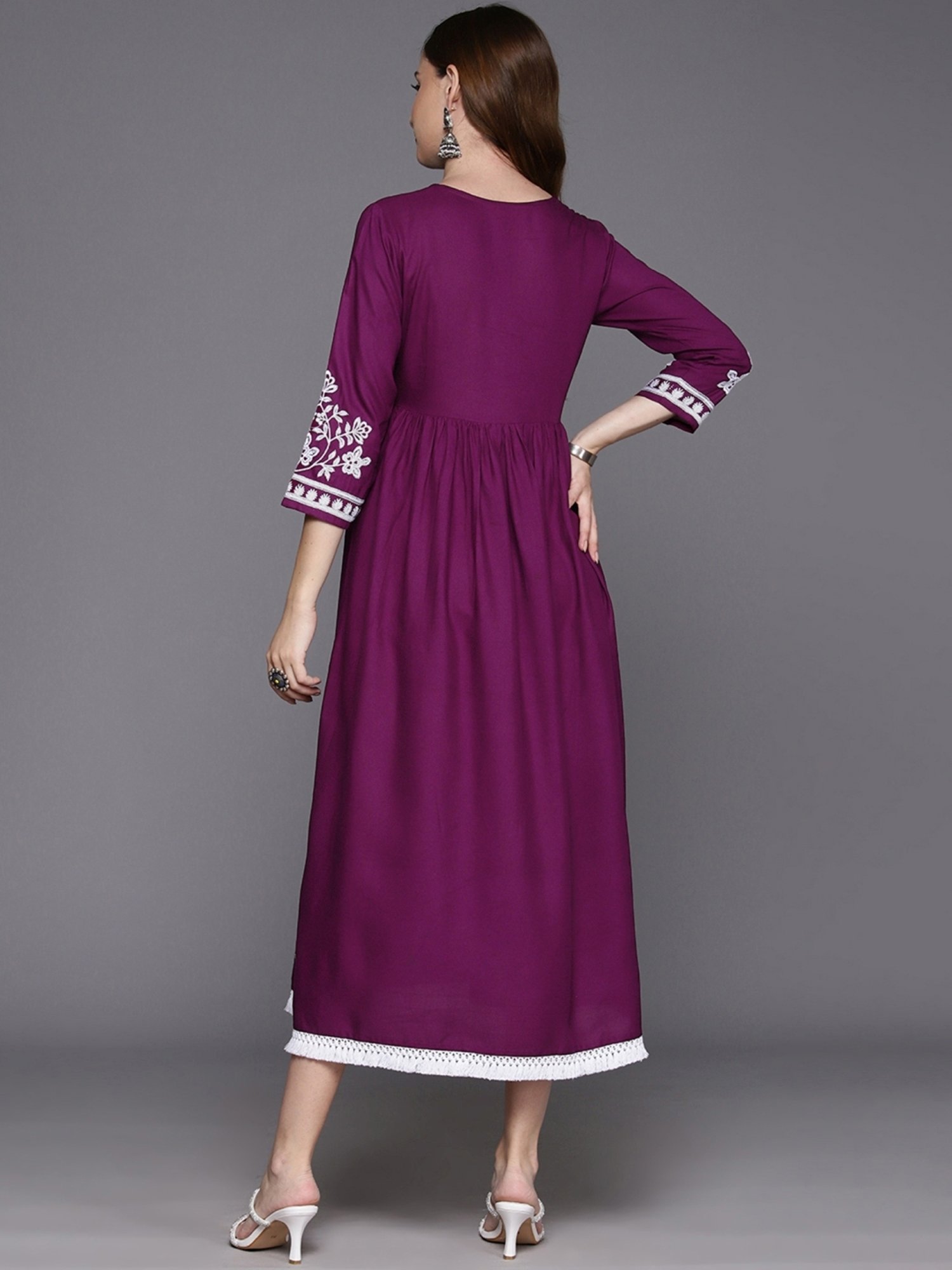 Indo Era Purple Embroidered A-Line Dress