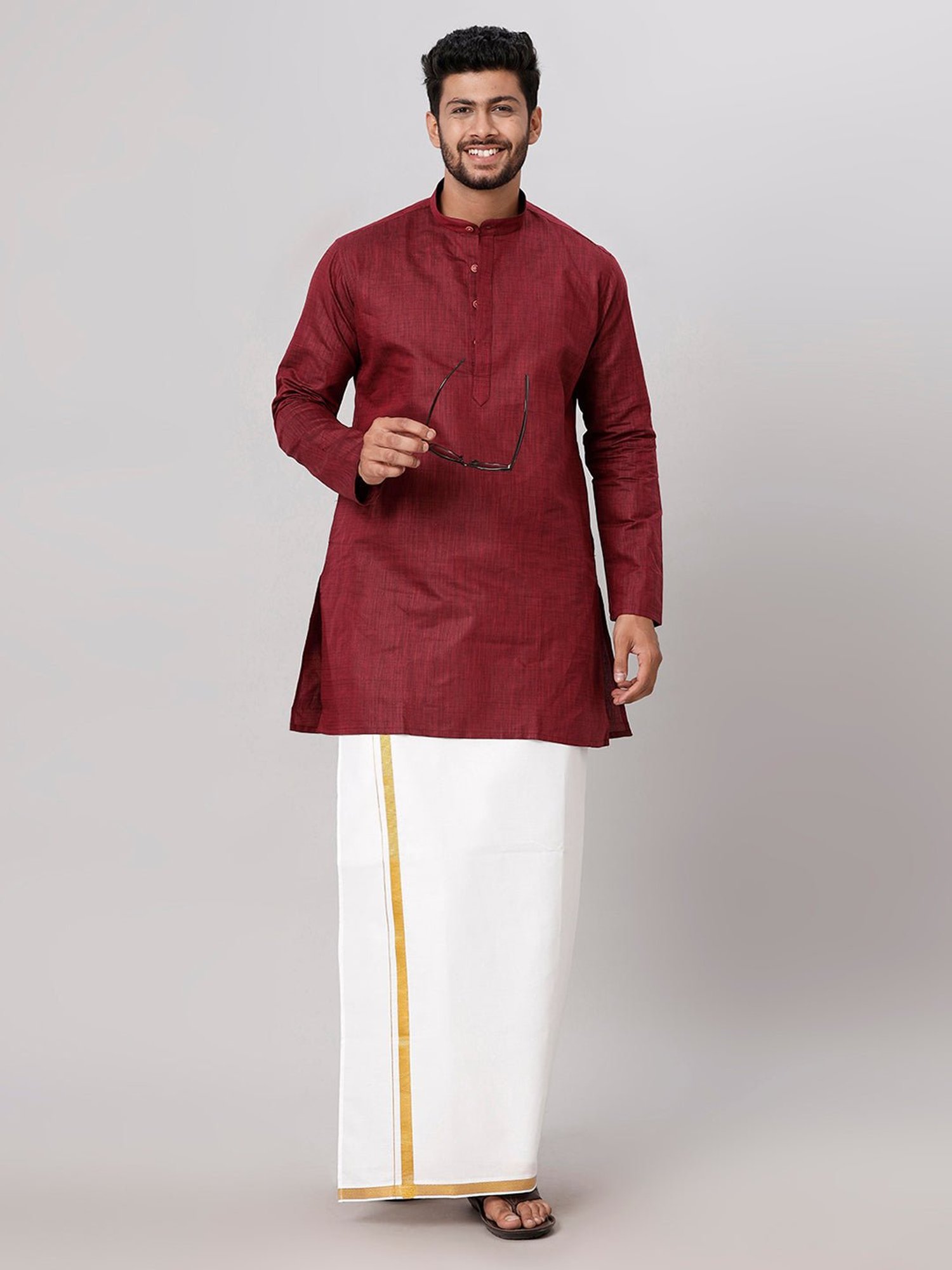 Ramraj Maroon Cotton Regular Fit Kurta Set with Bottom