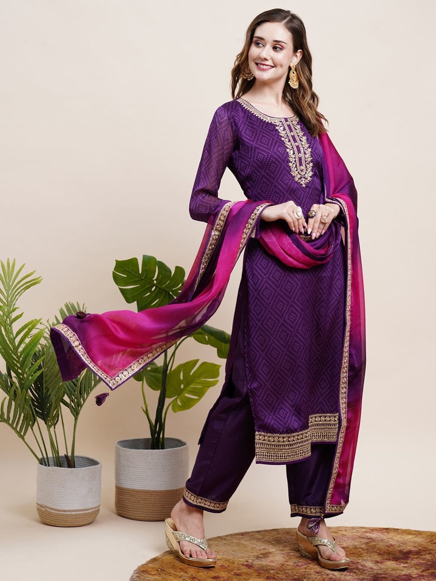 Fashor Purple Printed Kurta Pant Set With Dupatta