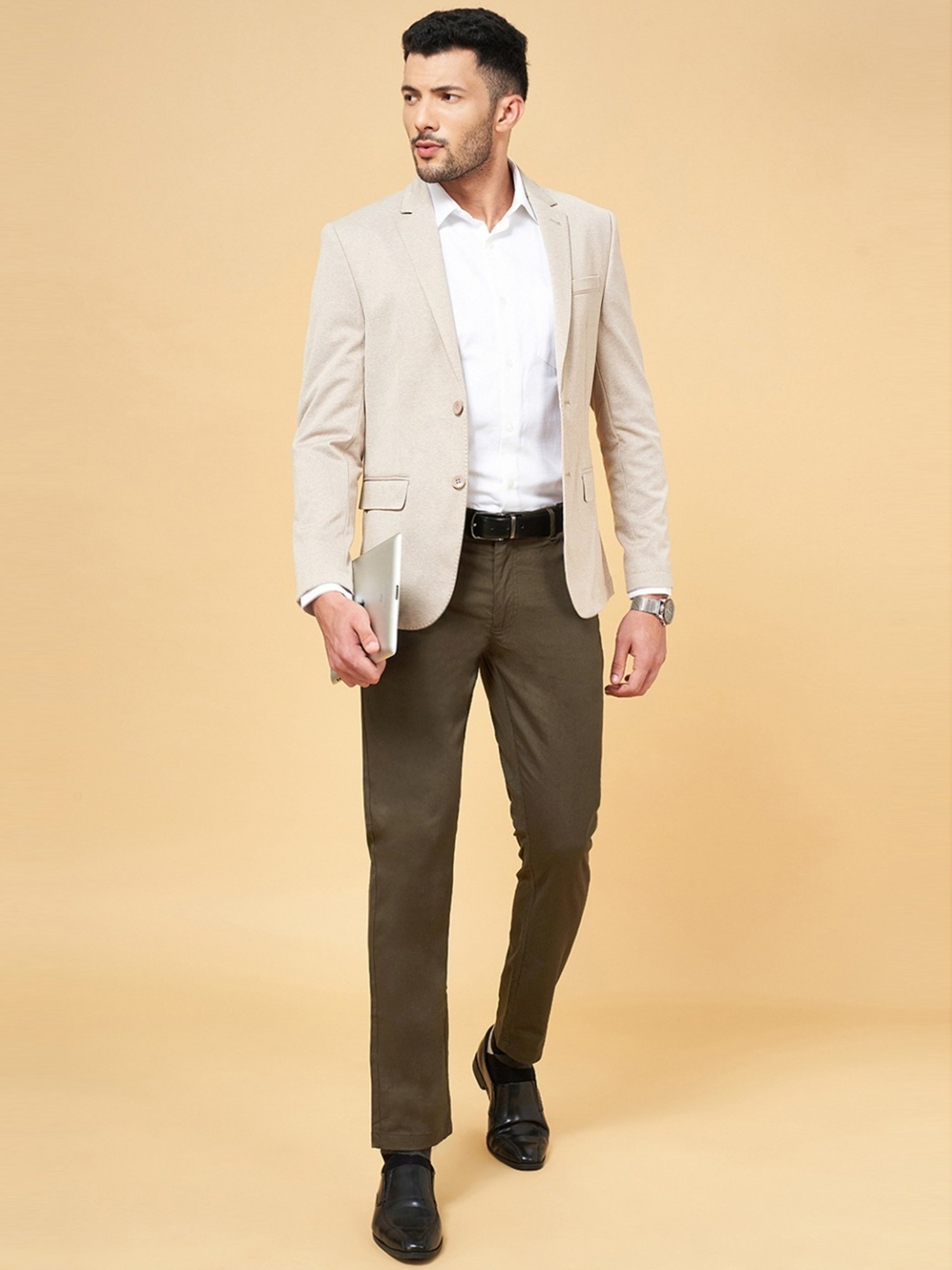 Byford by Pantaloons Beige Cotton Slim Fit Blazer