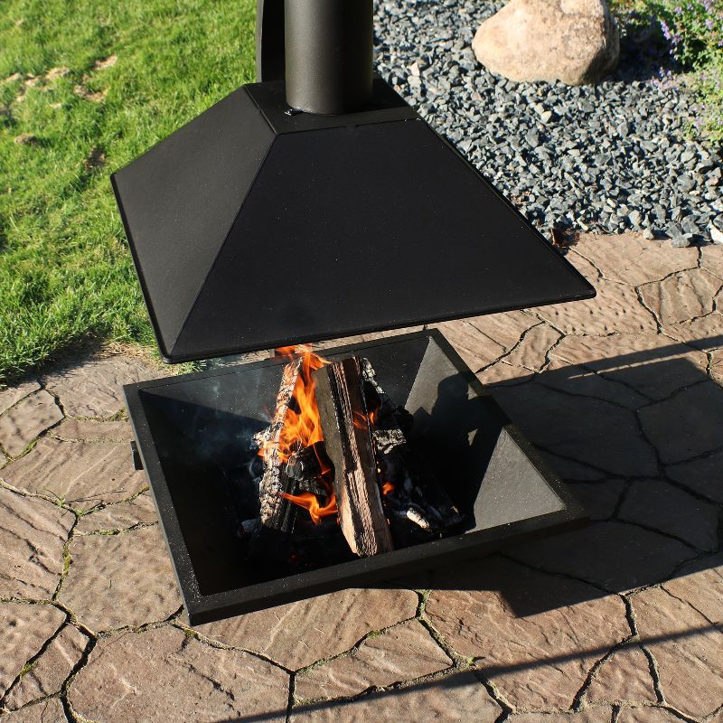 Sunnydaze Outdoor Backyard Patio Modern Style Steel Wood-Burning Fire Pit Chiminea with Open Sides - 80" - Black