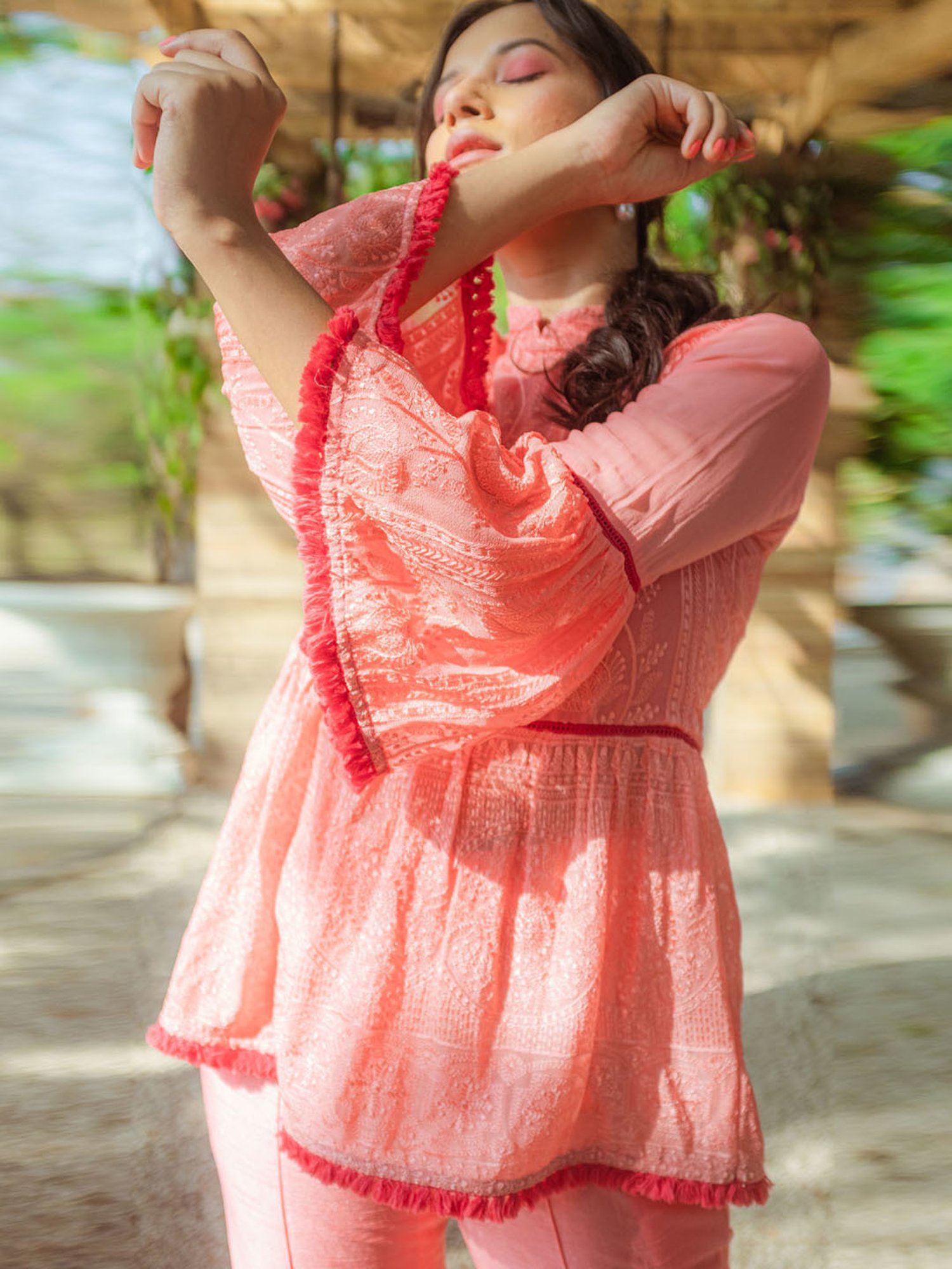 Monk and Mei Nazm Flared Chikankari Top & Pants- Peachy Melon