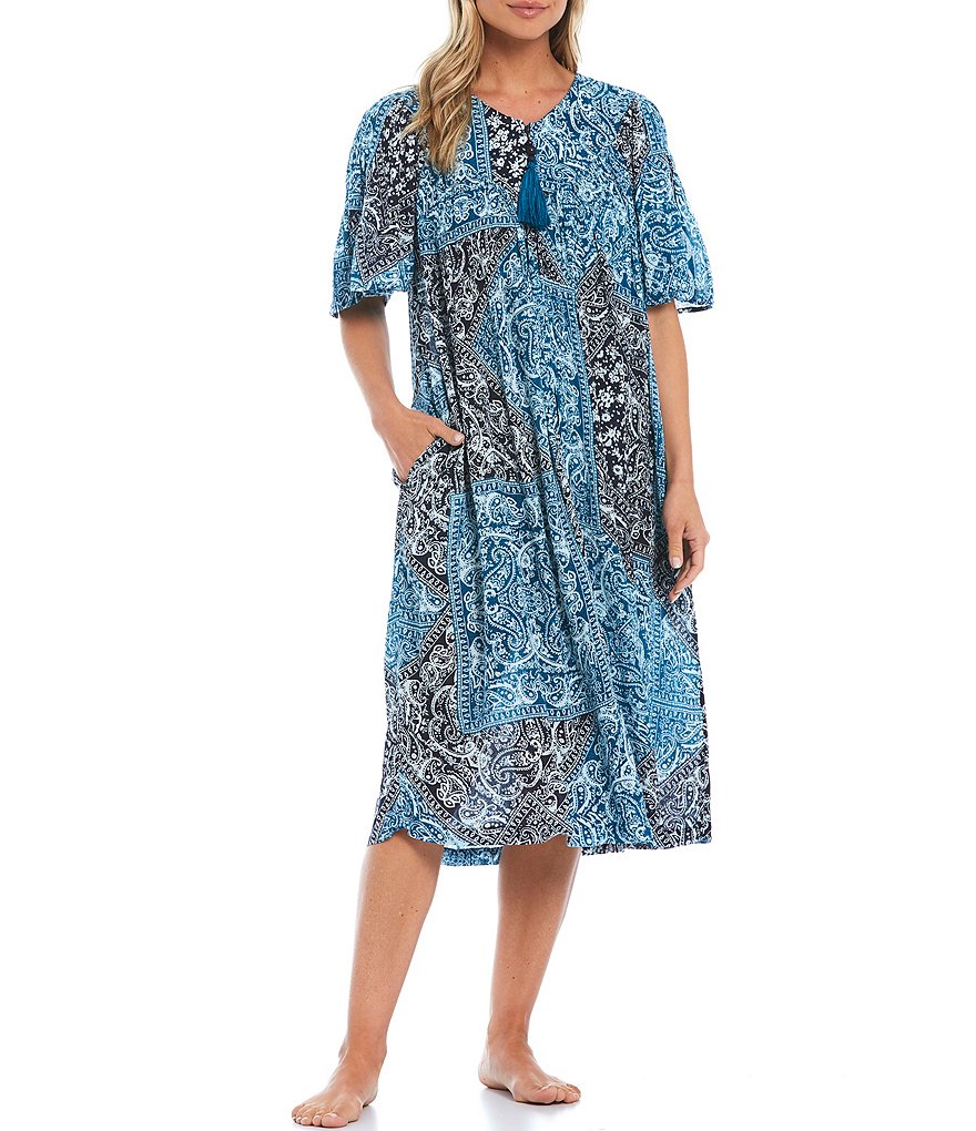 Go Softly Bandana Print Zip-Front Crinkled Woven Patio Dress