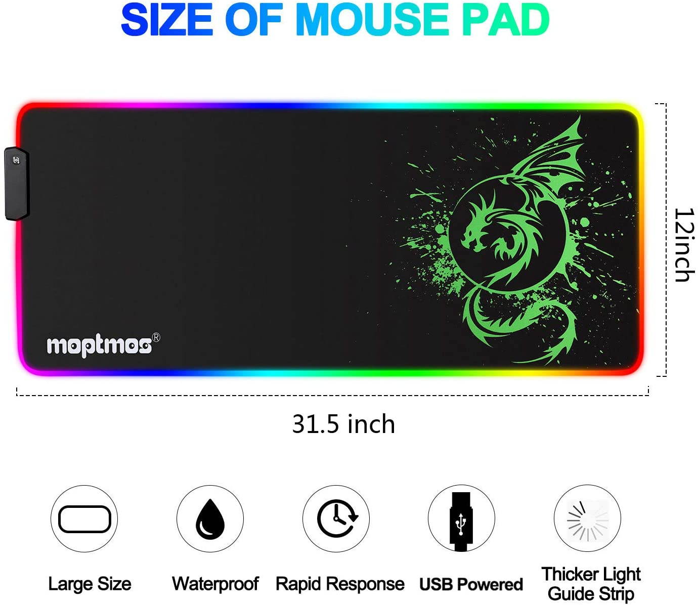 RGB Gaming Mouse Pad, Soft Extra Large LED Mouse Pad with 15 Lighting Modes,Anime Dragon Mouse Pad Mat,Smooth Surface Waterproof Gamer Mouse Pad for Computer 31.5 X 12 Inch (Green)