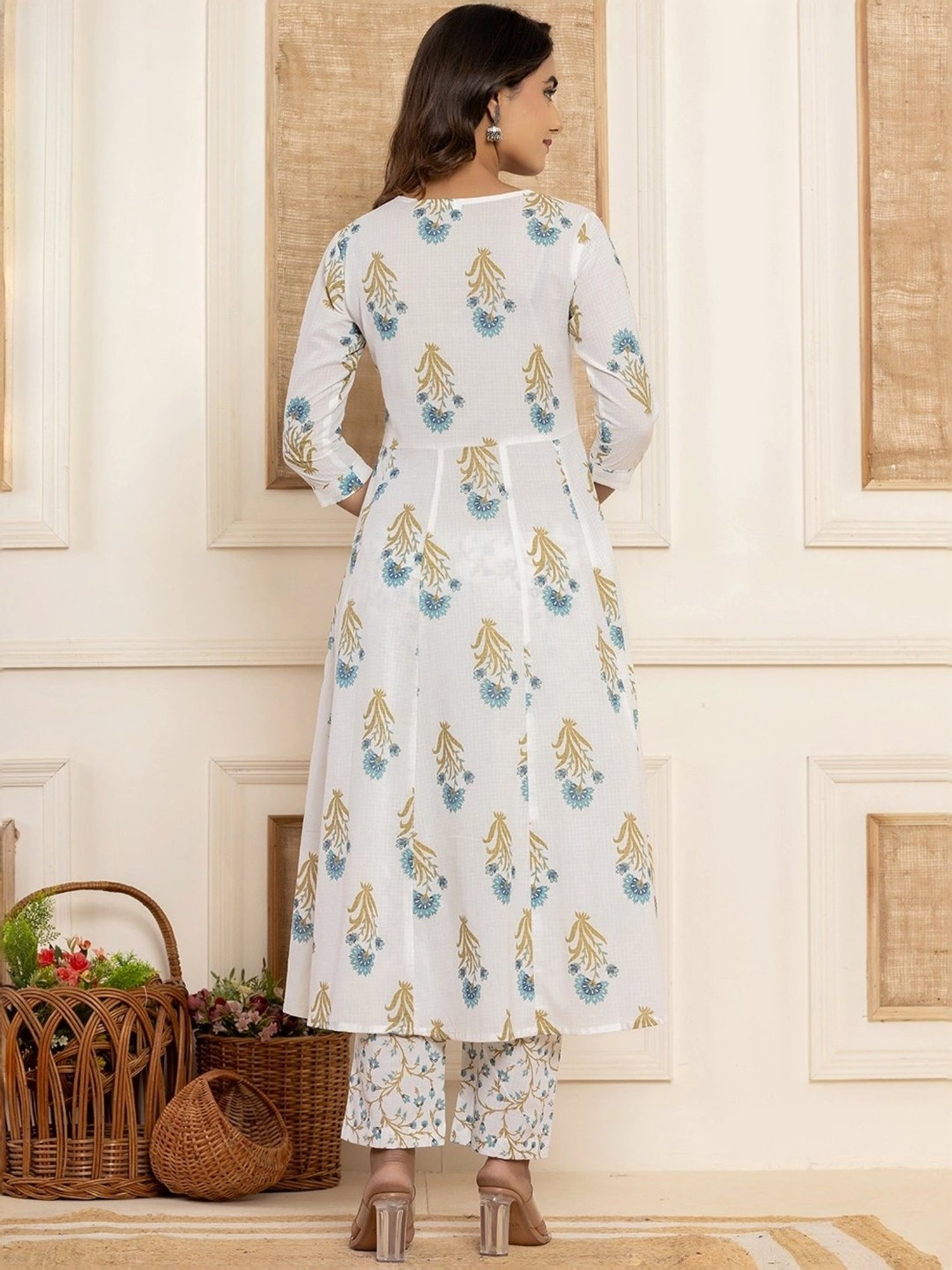 Yufta Blue & White Cotton Printed Kurta Pant Set With Dupatta