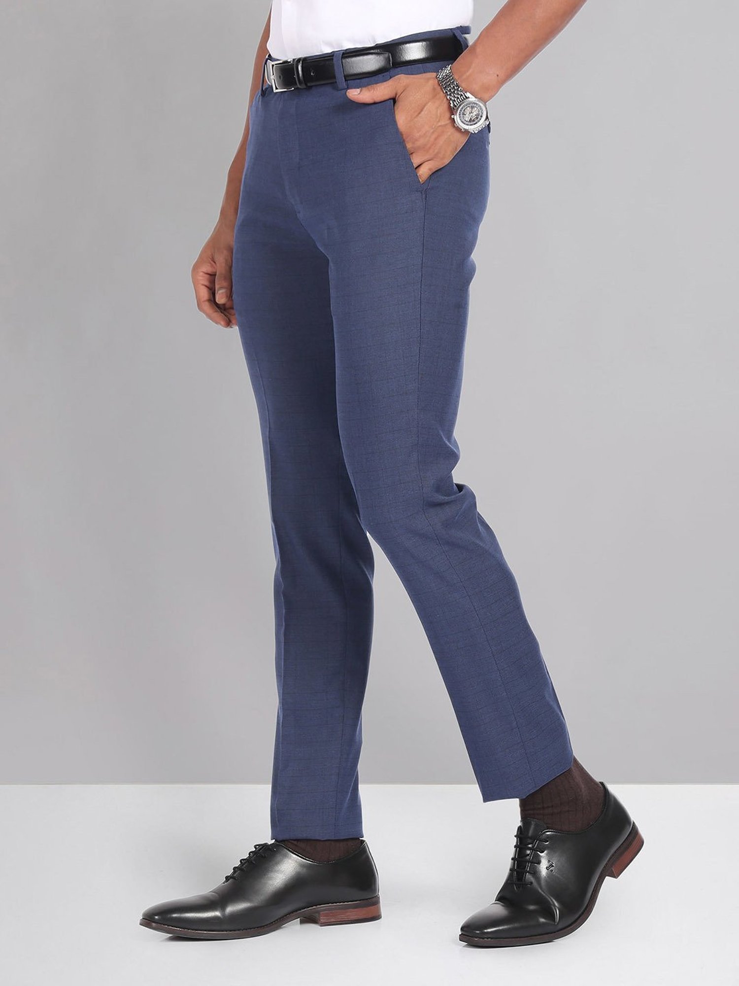 AD by Arvind Blue Slim Fit Check Flat Front Trousers