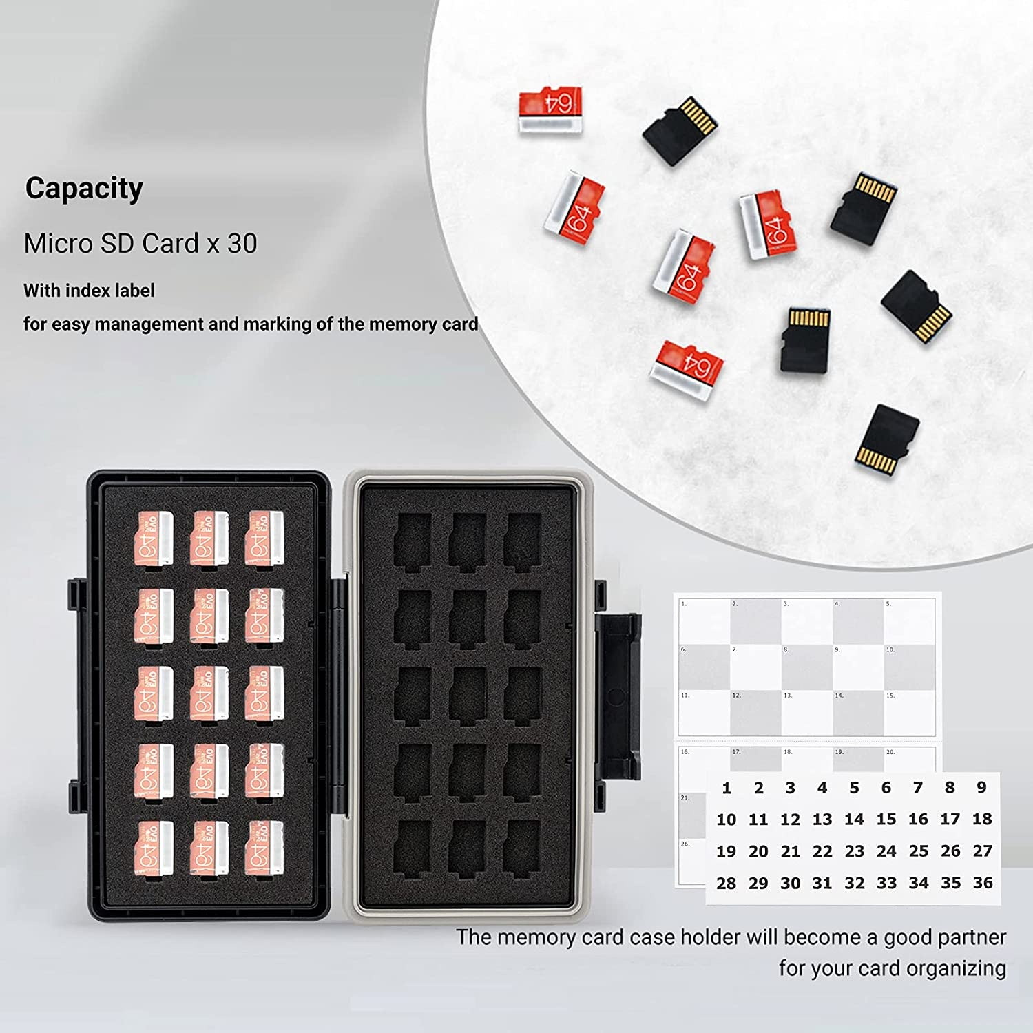 30 Slots Micro SD Card Case with Index Label, Water Resistant & Shockproof Micro SD Card Holder, Compact MicroSDHC / MicroSDXC / Micro SD Card Organizer Storage