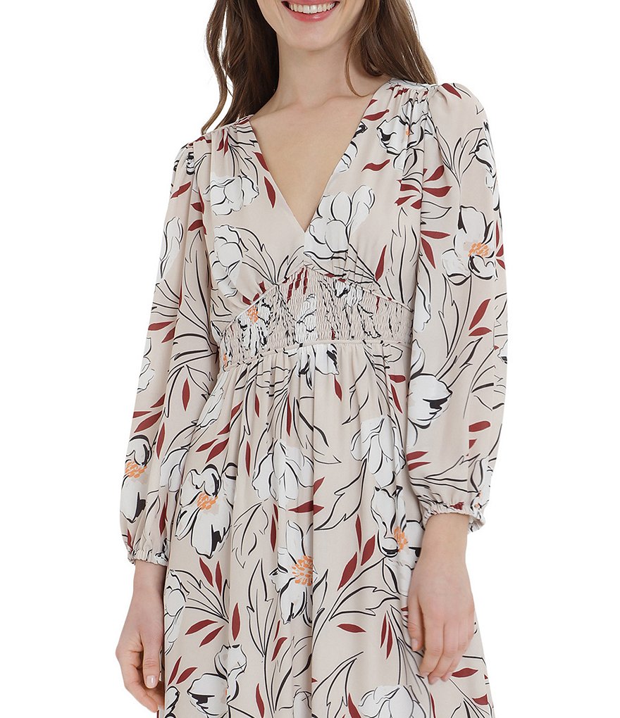 Donna Morgan Long Sleeve Smocked Floral V-Neck Maxi Dress